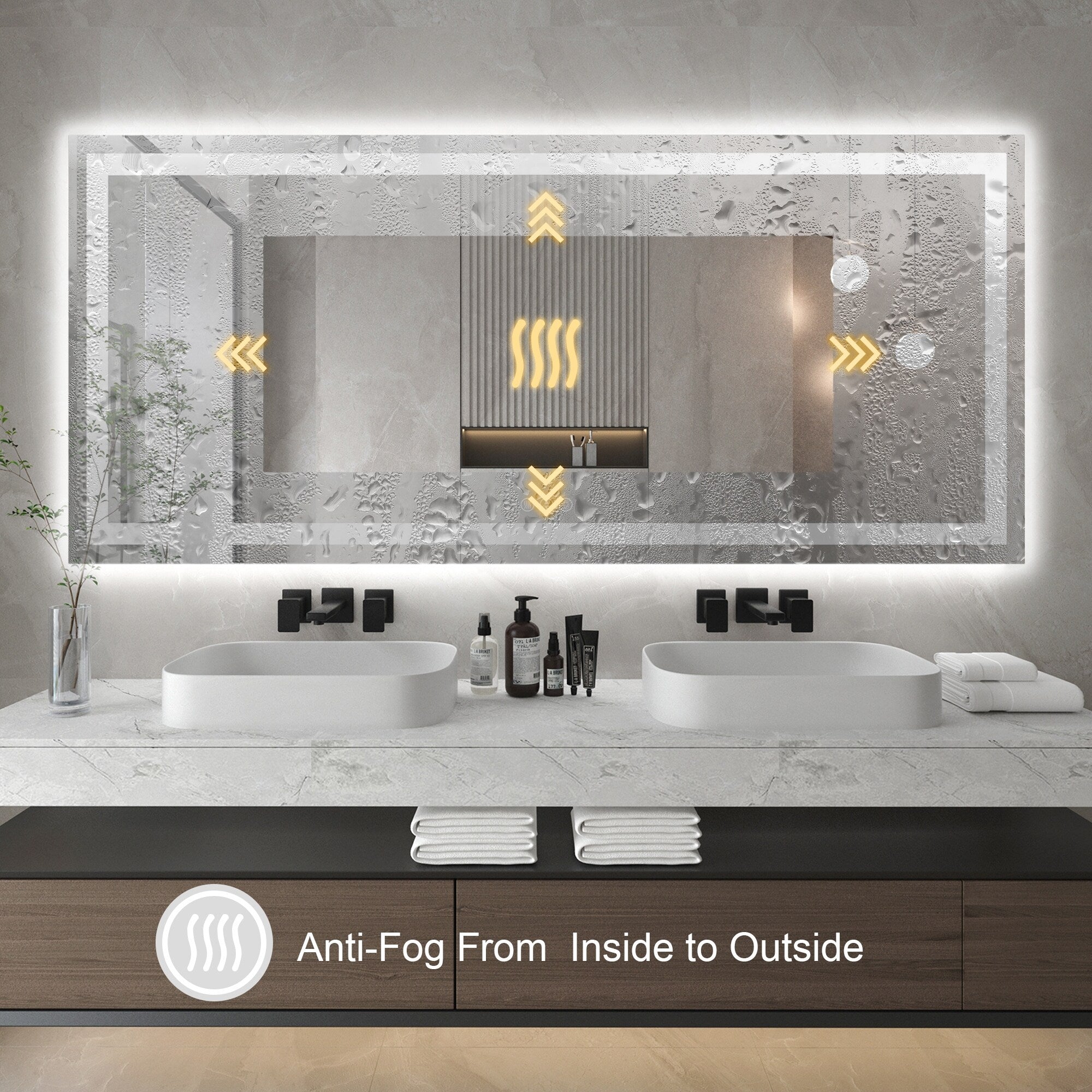 Large Rectangular Frameless Anti-Fog LED Light Wall Mounted Bathroom Vanity Mirror in White - N/A