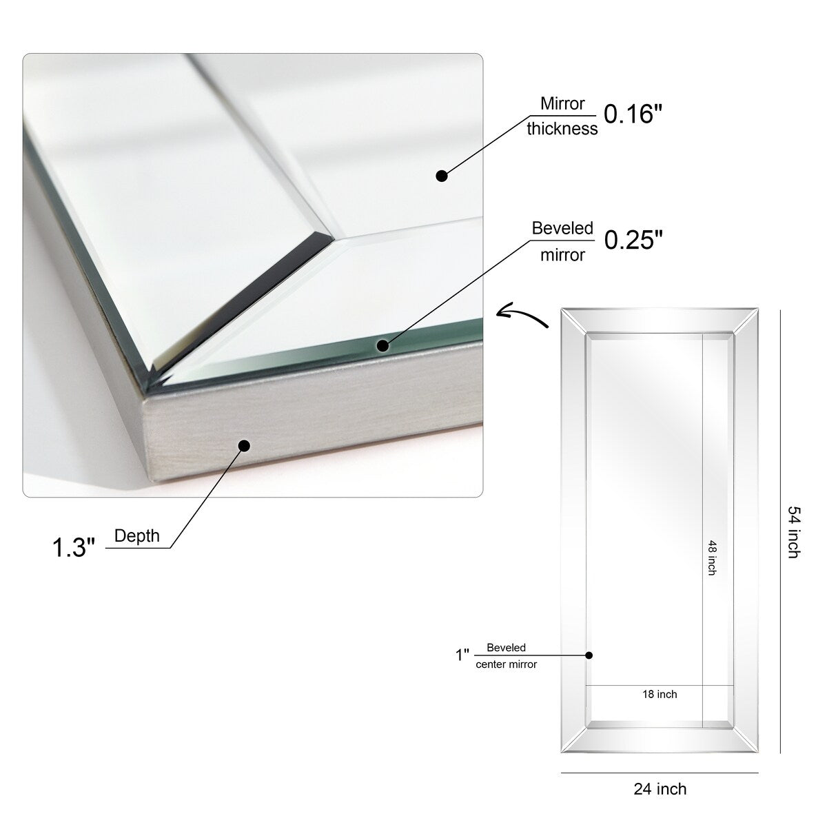 Beveled Rectangular Clear HD Wall Mounted Mirror for Bathroom, Bedroom, 3 sizes