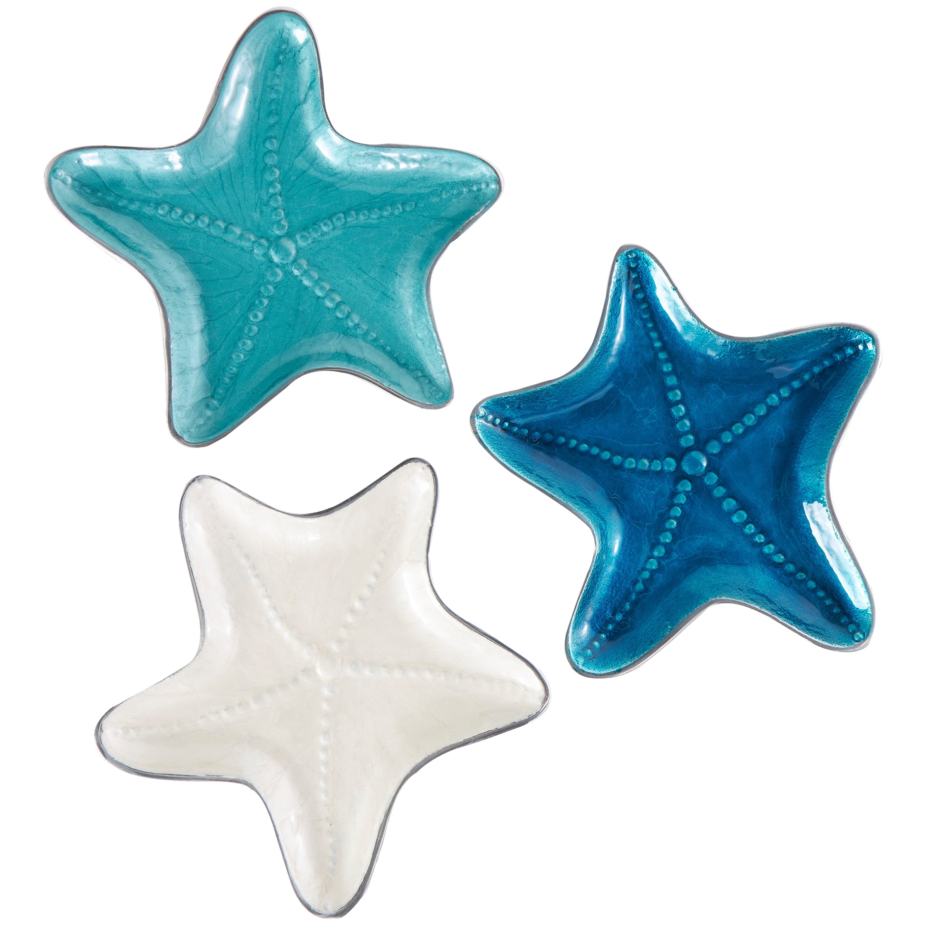 Multi Colored Aluminum Metal Handmade Enameled Starfish Decorative Bowl with Bubble Design and Silver Bases (Set of 3)