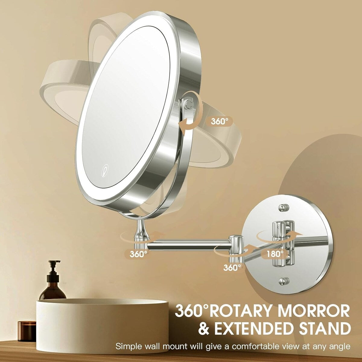 8 Rechargeable Double-Sided Magnifying Mirror, 3 Colors Led Vanity Mirror, 360° Rotation Foldable Light up Mirror - 8 inch