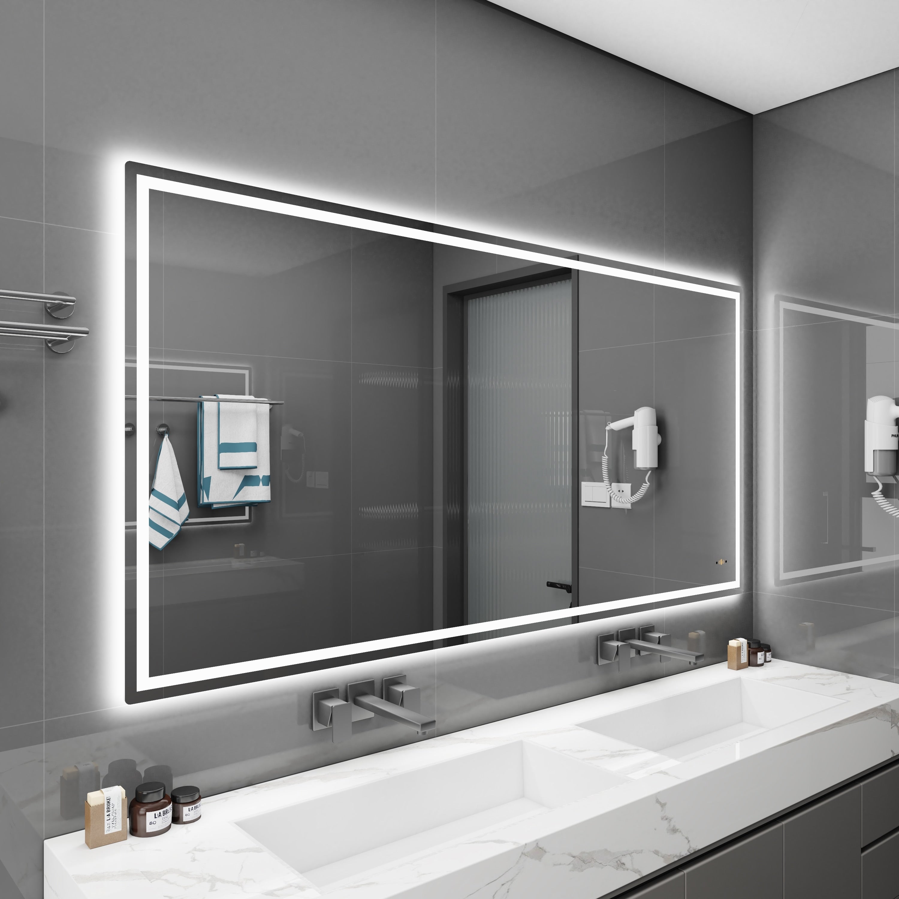 CB HOME Lighted Bathroom Vanity Mirror, LED Wall Mounted Mirror, Gesture Control Smart Lighted Mirror, Dimmable, Frameless