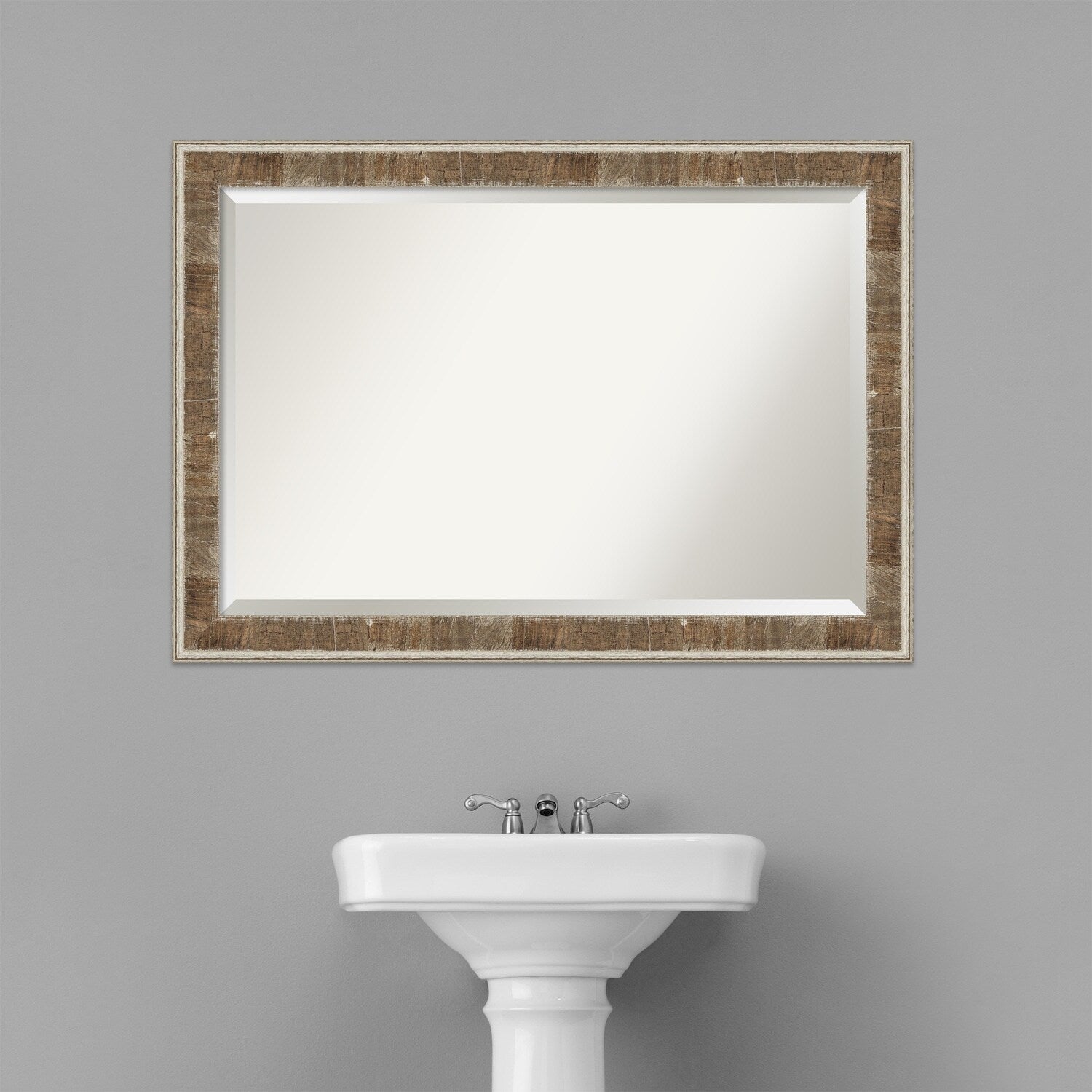 Beveled Wood Bathroom Wall Mirror - Farmhouse Brown Narrow Frame