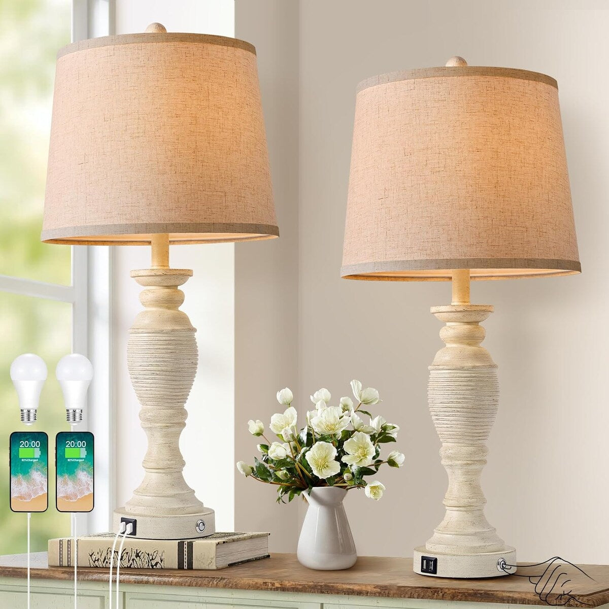 Farmhouse Table Lamps Set of 2, 3 Way Dimmable