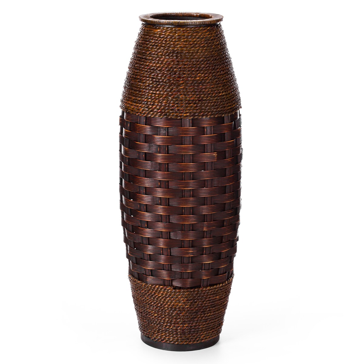 Antique Cylinder Style Floor Vase For Entryway or Living Room, Bamboo Rope, Brown 26 Tall