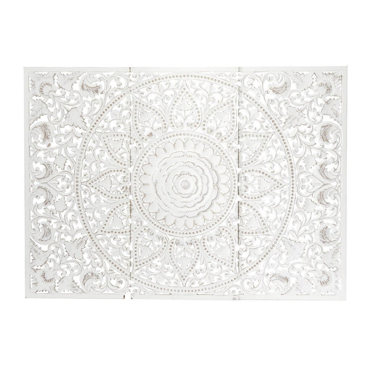 Wooden Floral Handmade Intricately Carved Home Wall Decor with Mandala Design - Set of 3 White - Roche River Decor