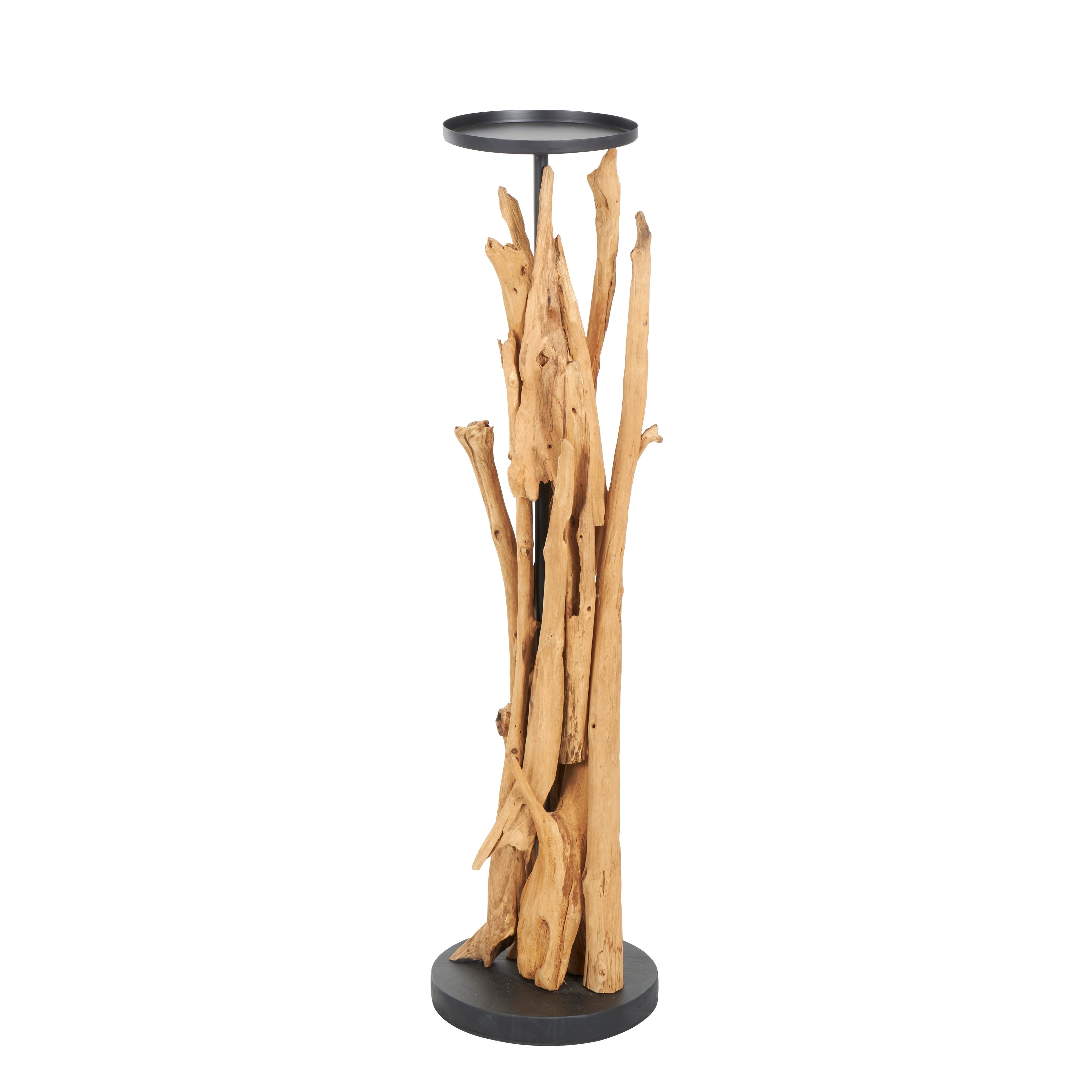 Brown Teak Wood Handmade Tall Tree Branch Floor Candle Holder with Black Metal Accents