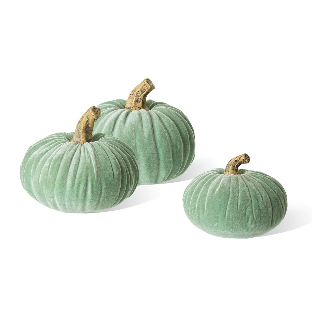 Glitzhome Set of 3 Mint Green Velvet/Resin Fall Harvest Art Pumpkins for Thanksgiving Centerpiece