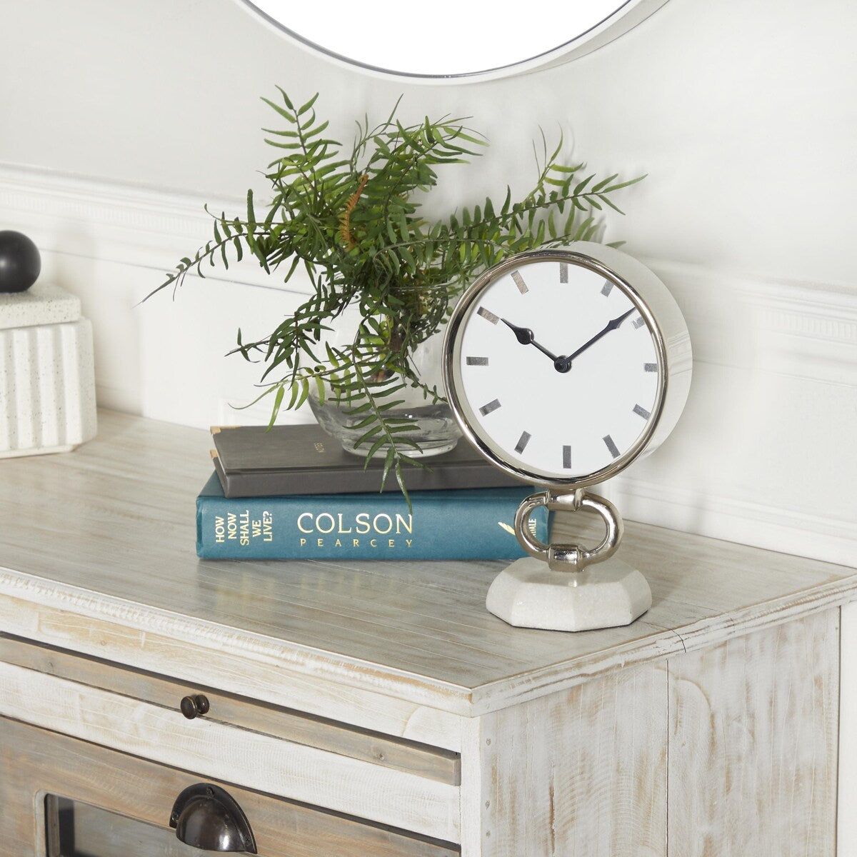 Stainless Steel Metal Decorative Clock with Marble Base - Silver - Roche River Decor