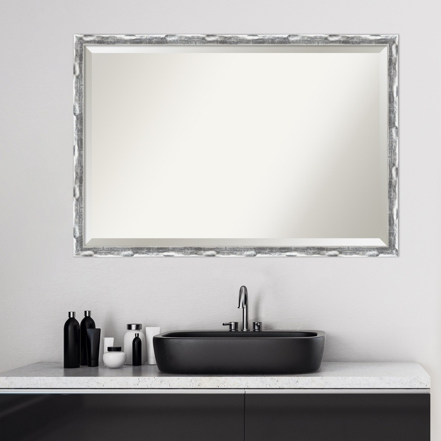 Beveled Bathroom Wall Mirror - Scratched Wave Chrome Frame - Scratched Wave Chrome