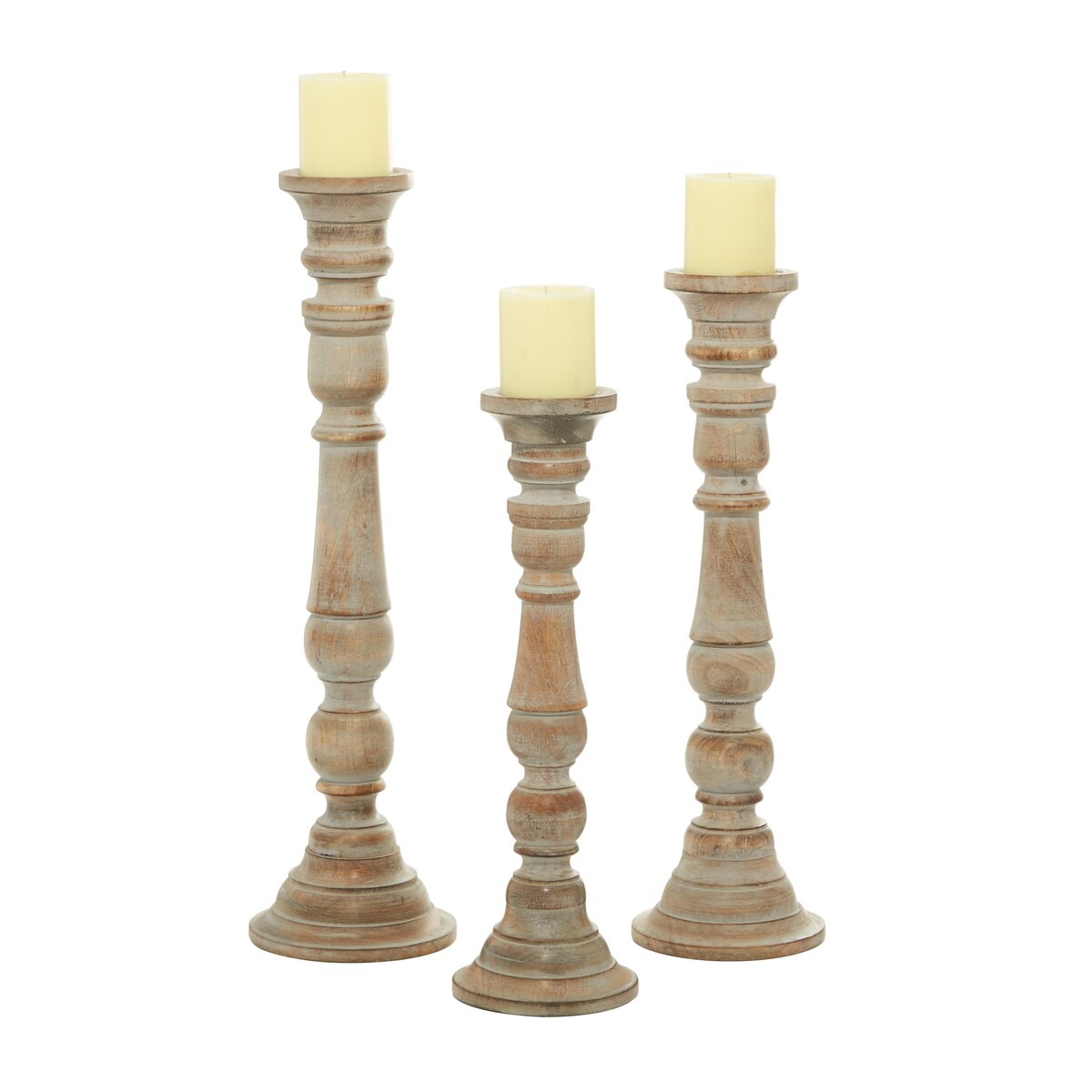 Mango Wood Handmade Tall Turned Decorative Candle Holder - Set of 3 Brown or Gray - Roche River Decor