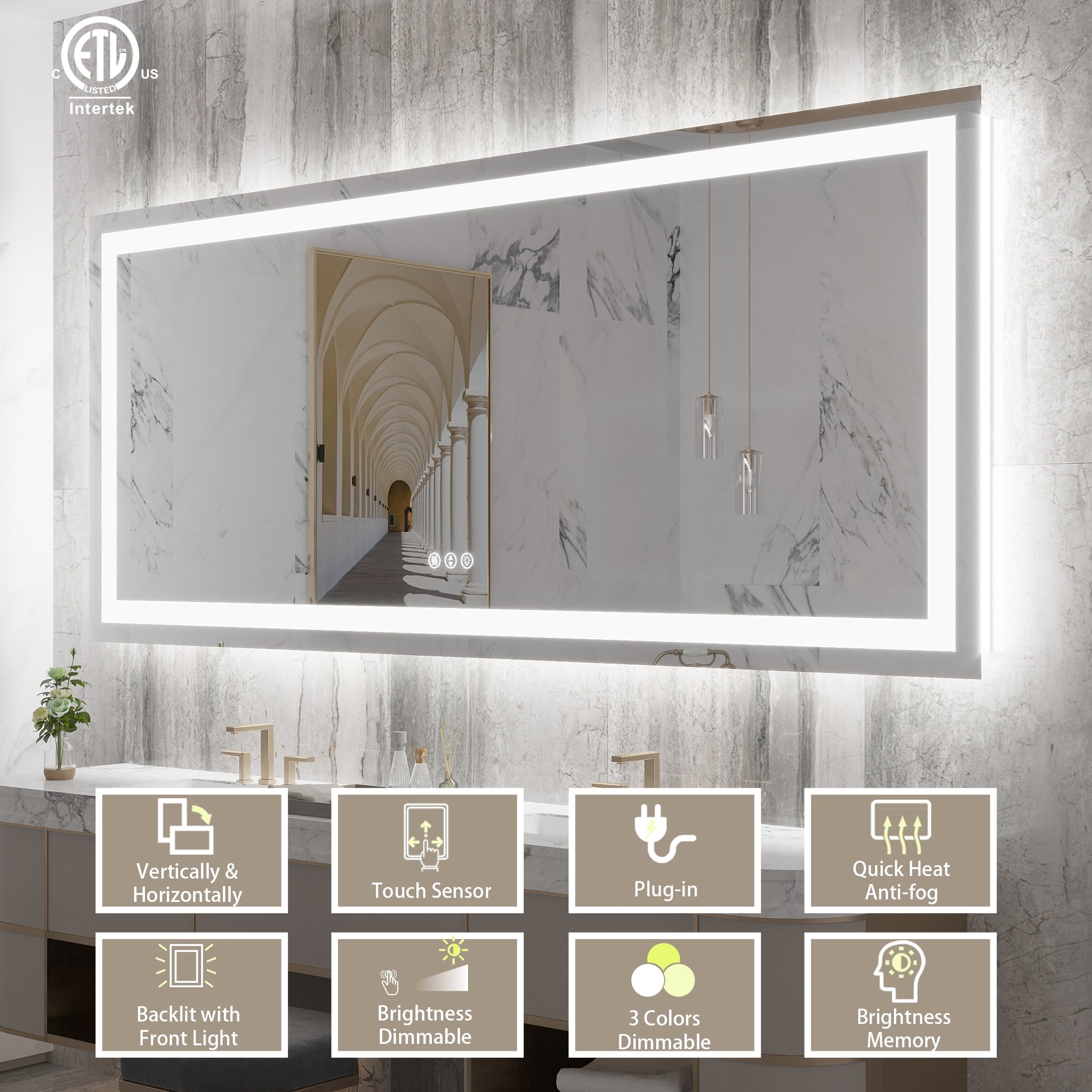 Large Rectangular Frameless Anti-Fog LED Light Wall Mounted Bathroom Vanity Mirror in White - N/A