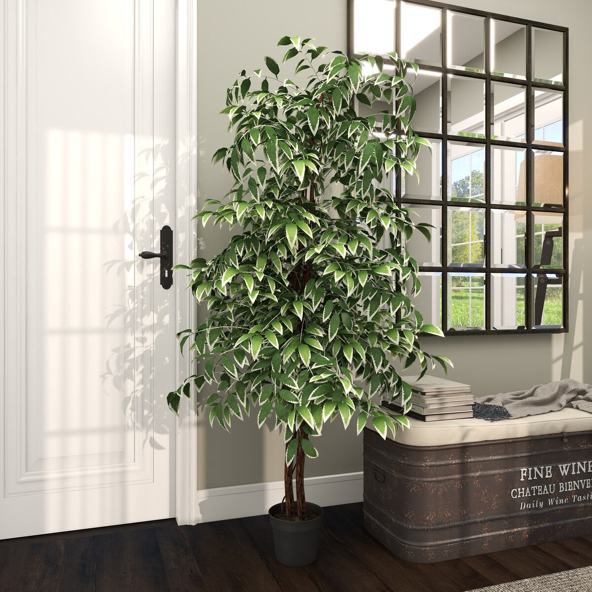 Faux Foliage Ficus Artificial Tree with Realistic Leaves and Black Plastic Pot - Green - Roche River Decor