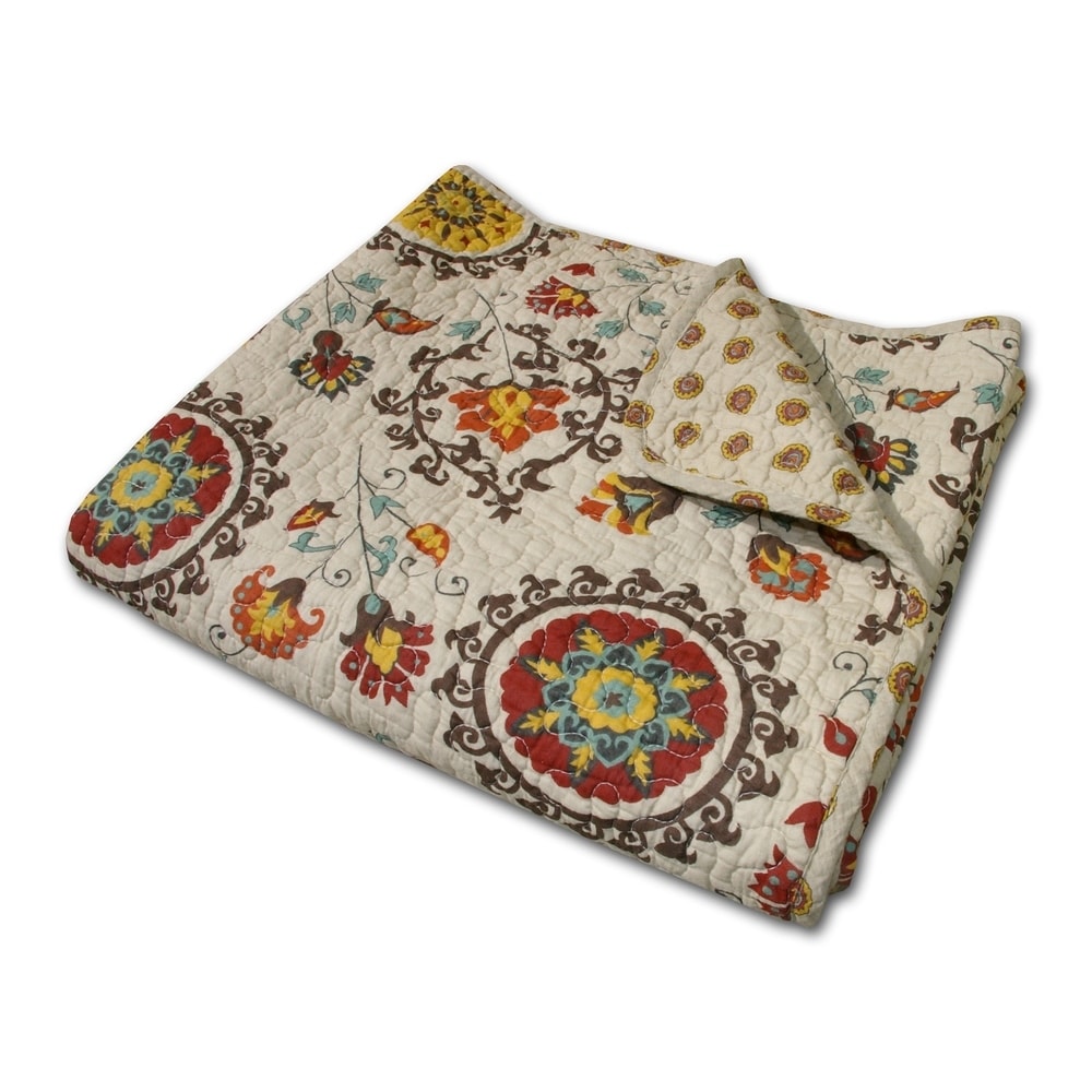 Greenland Home Fashions Andorra 100% Cotton Suzani Motif Boho Quilted Throw Blanket