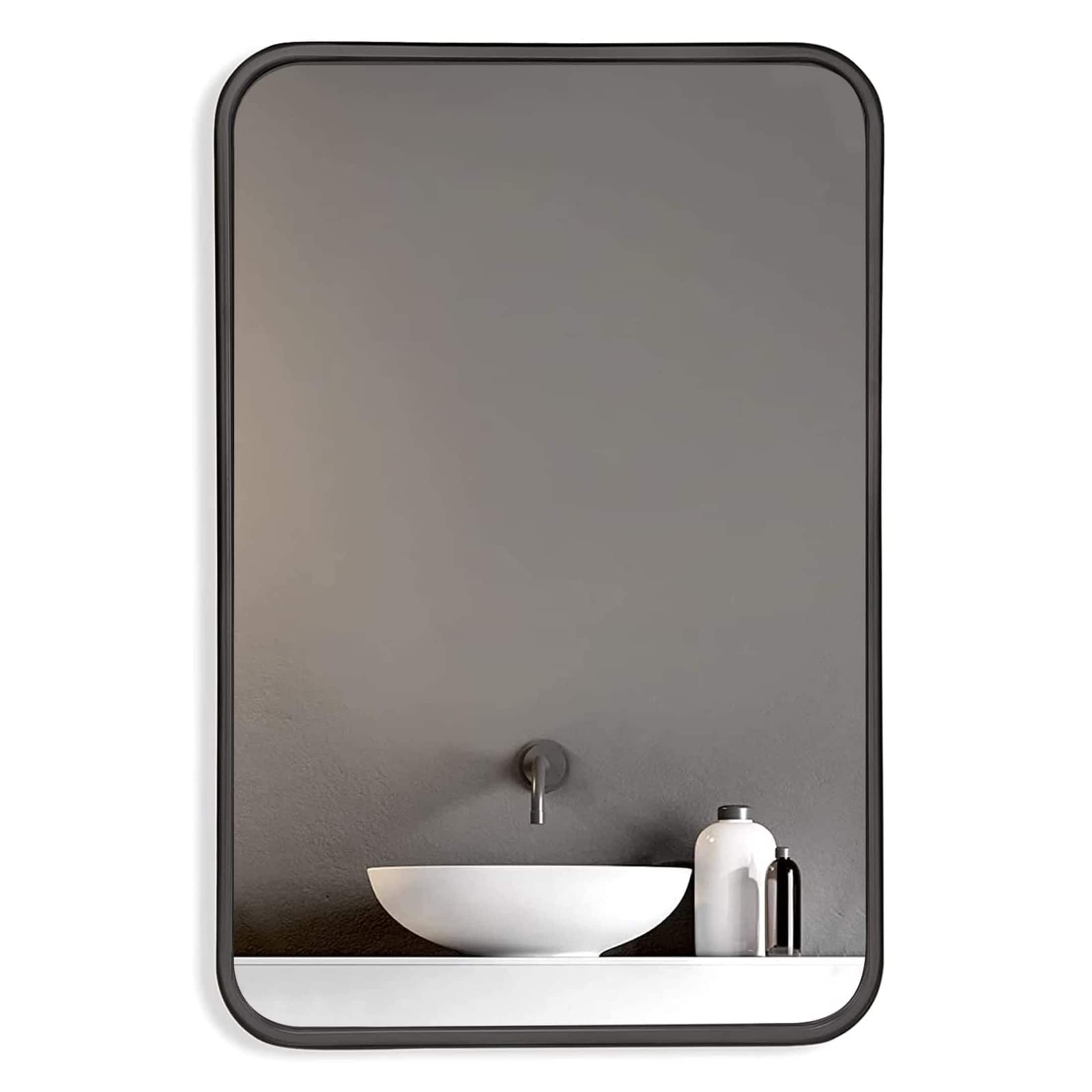 Wall Mount Mirror Brushed Black Metal Framed Rounded Corner Black