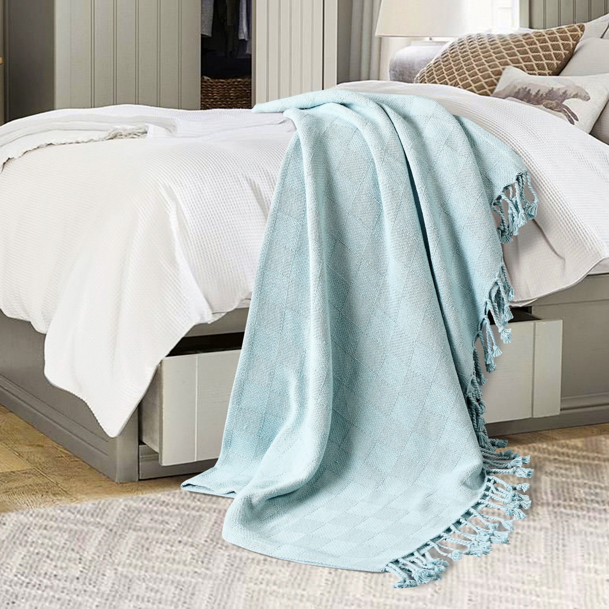 Sevita Checkered Weave Light Standard Size Throw Blanket with Fringe