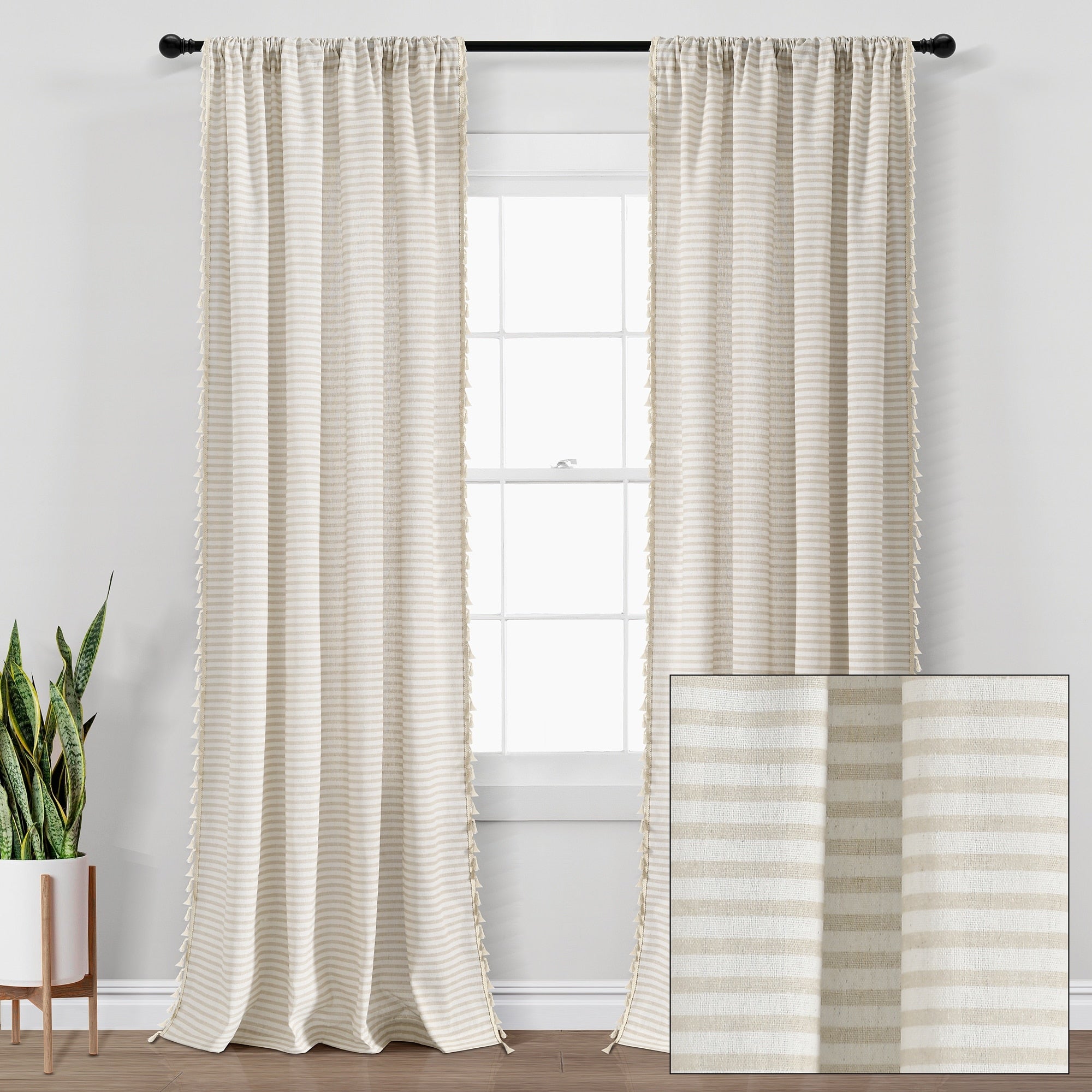 Lush Decor Boho Coastal Horizontal Ticking Stripe Tassel Window Curtain Panels