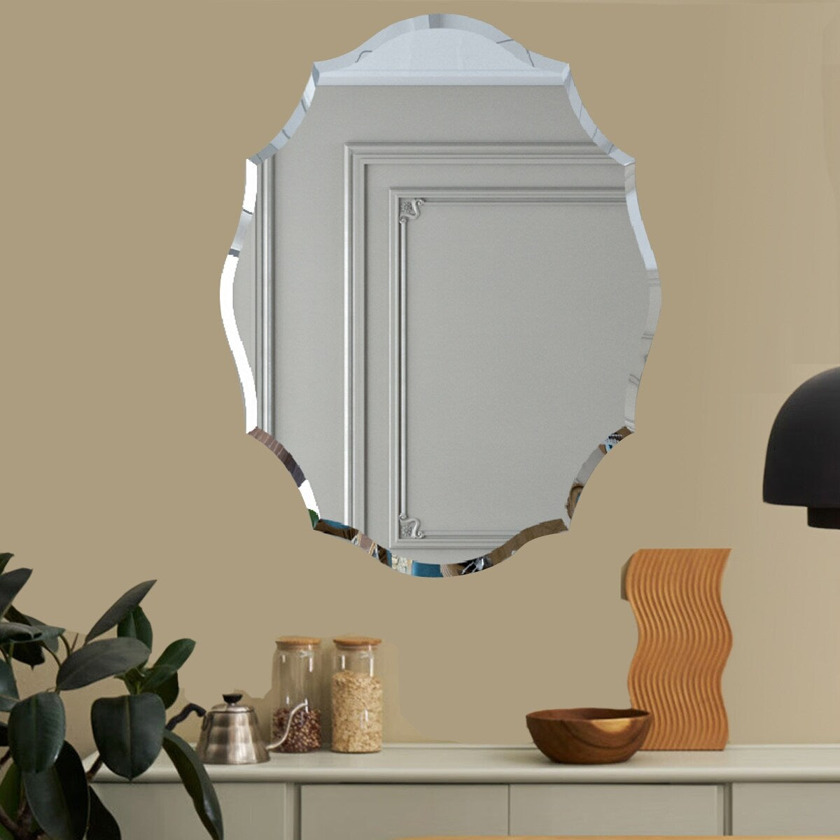 Beveled Frameless Wall Mirror Elegant Scalloped Bathroom Vanity Mirror