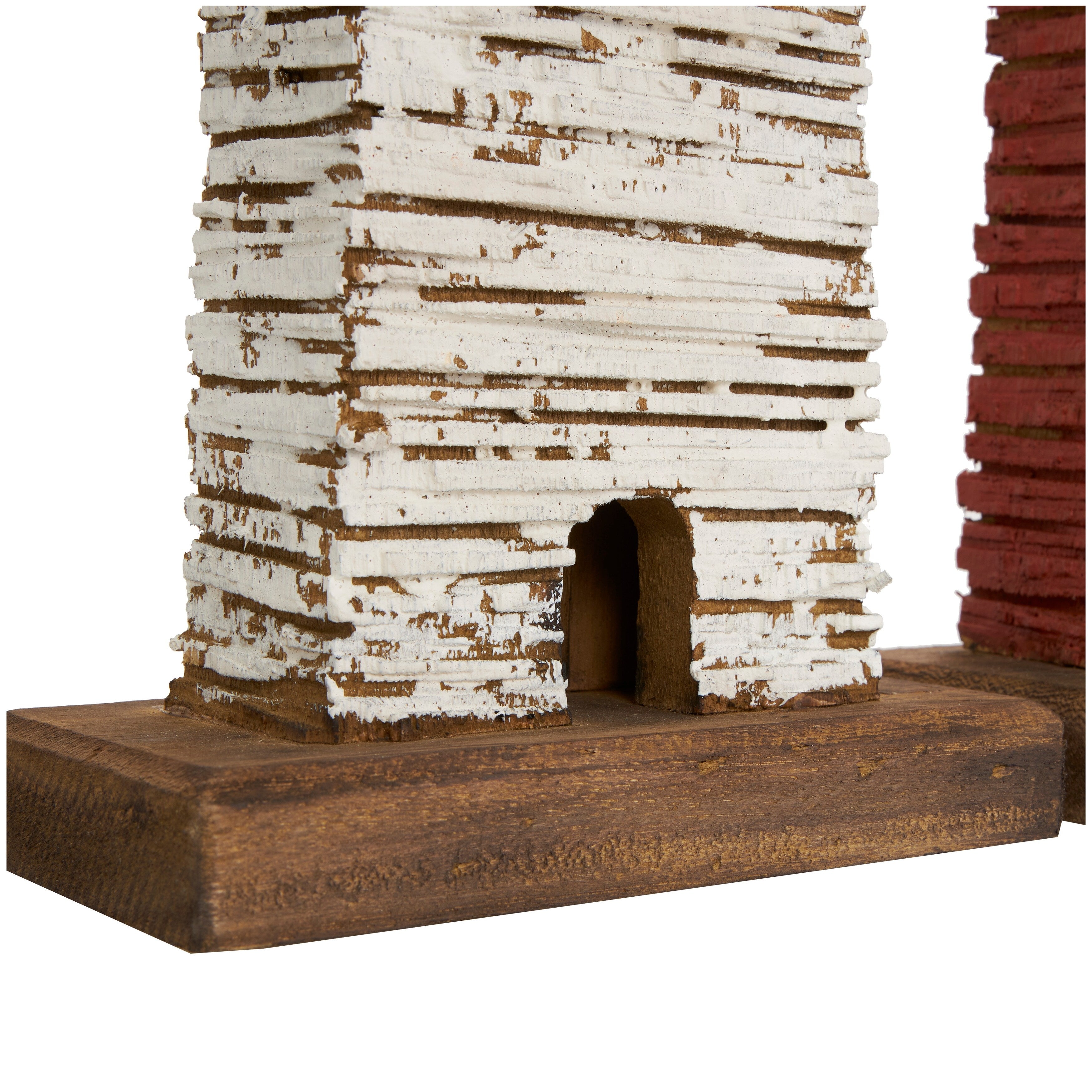 Red Wood Distressed Light House Decorative Sculpture with Cream and Brown Accents (Set of 2)