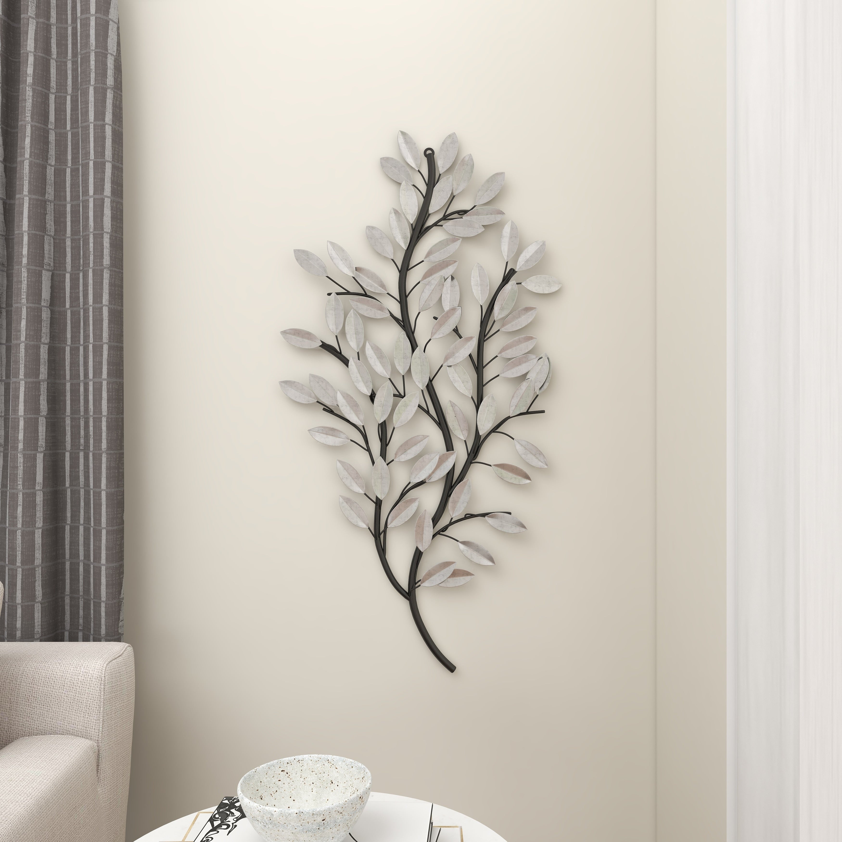 Metal Metallic Leaf Wall Decor with Stem - Silver or Brass