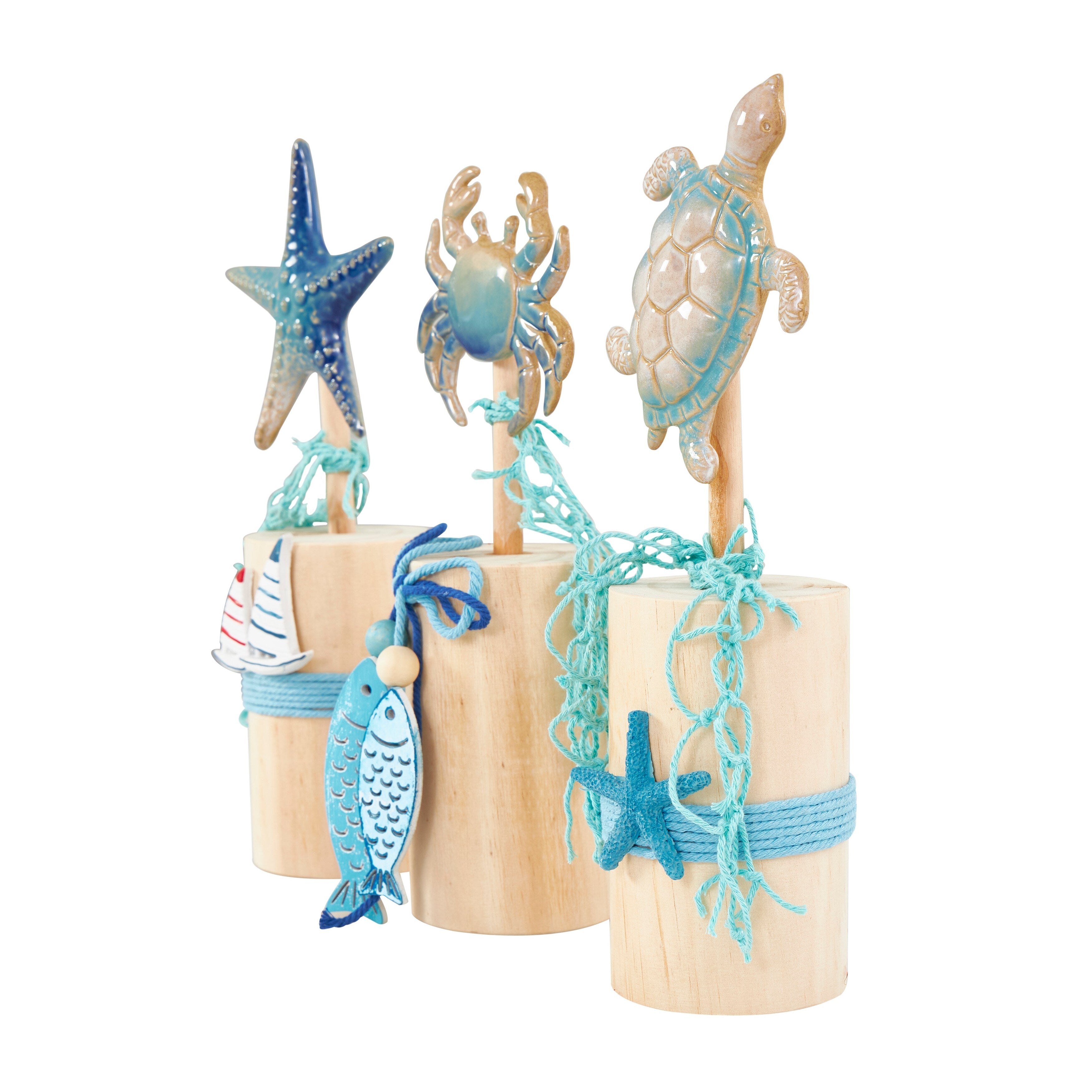 Blue Ceramic Handmade Ombre Sea Life Decorative Sculpture with Cylinder Block Bases and Netting Accents (Set of 3)