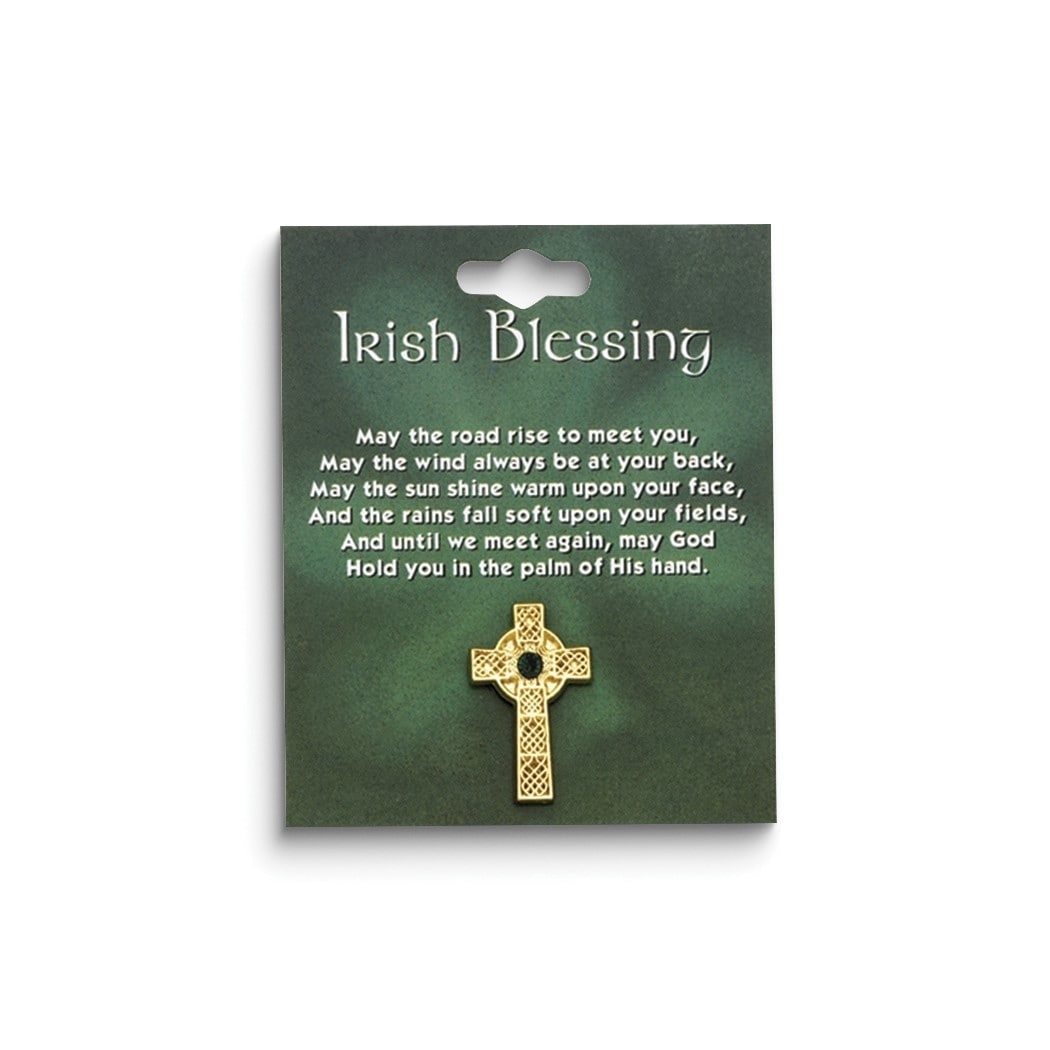 Curata Gold-Tone Celtic Cross Irish Blessing with Green Stone Lapel Pin