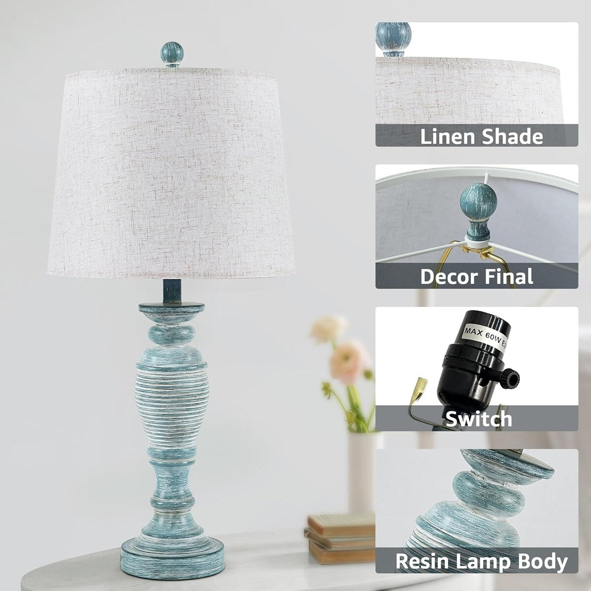 Farmhouse Table Lamps Set of 2, 3 Way Dimmable