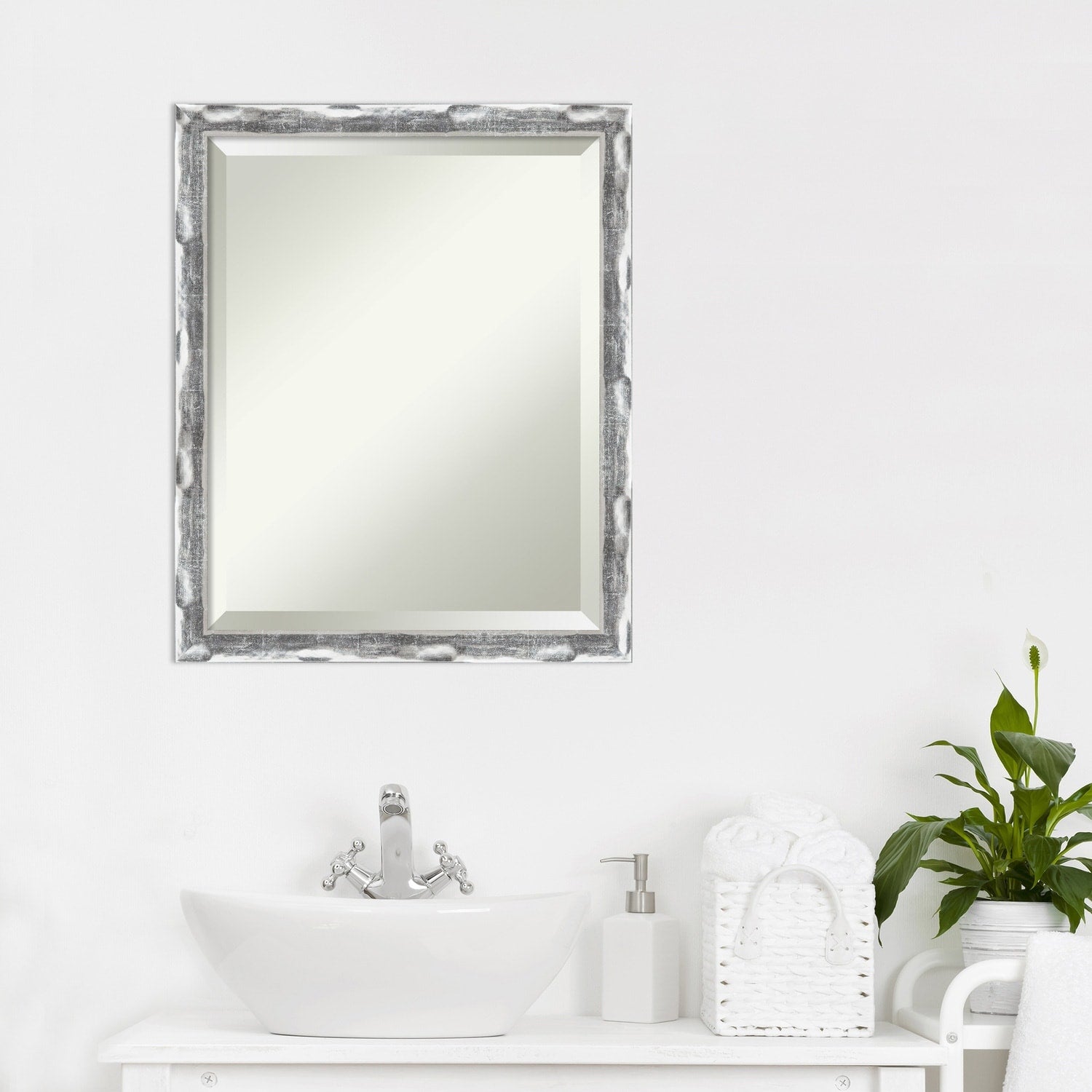 Beveled Bathroom Wall Mirror - Scratched Wave Chrome Frame - Scratched Wave Chrome