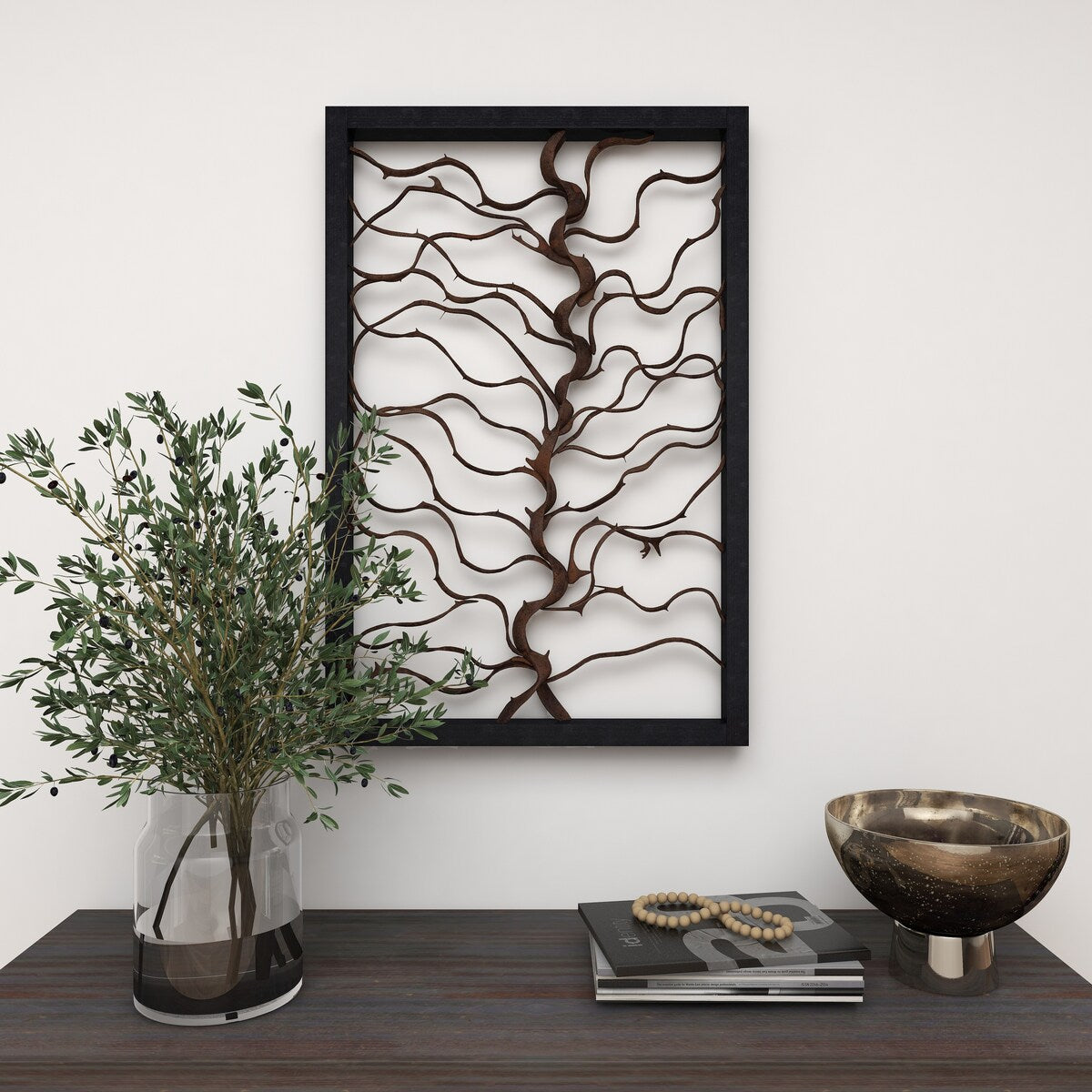 Wood Tree Branch Home Wall Decor with Black Frame - Brown - Roche River Decor