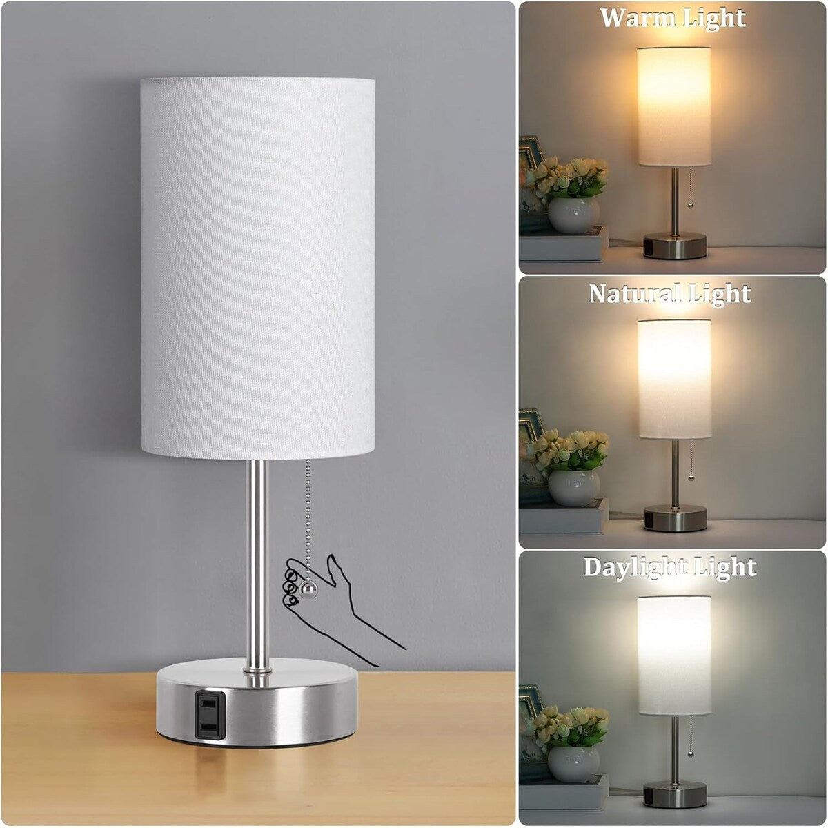 Table Lamp for Bedroom, 3-Color Bedside Lamps with Pull Chain, Bedroom Table Lamps for Nightstand, Bulb Included