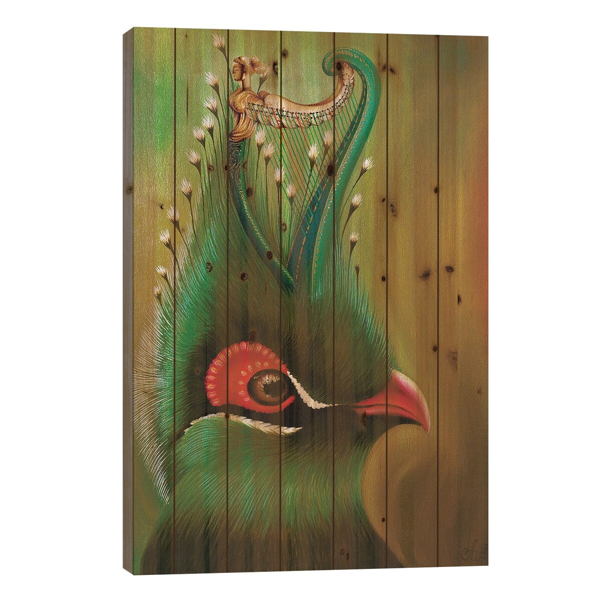 A Bird With An Irish Harp Print On Wood by Anna Shabalova - Multi-Color