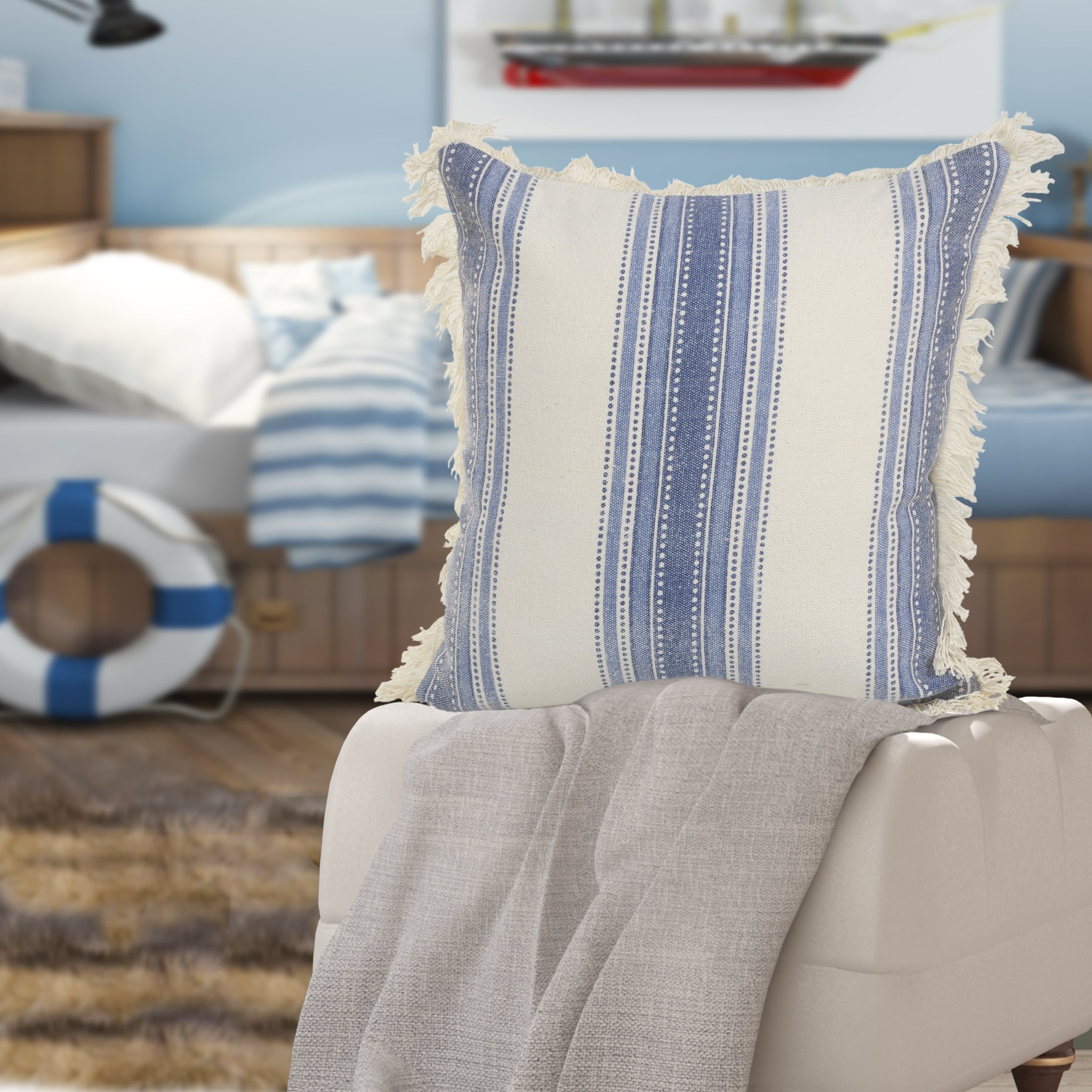 Sevita Coastal Striped Blue and Cream Throw Pillow, Single or Set of 2