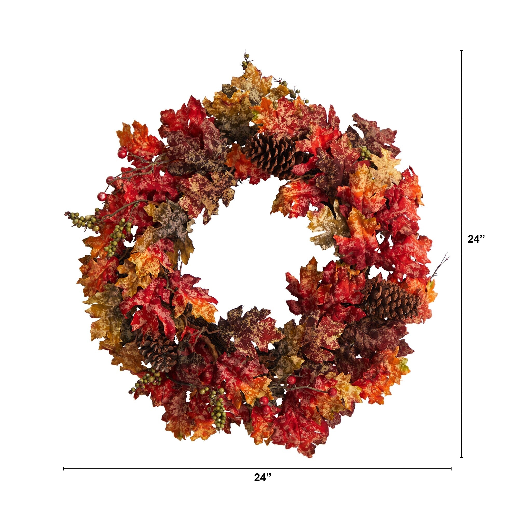 24 Autumn Maple, Berries and Pinecone Fall Artificial Wreath - 24