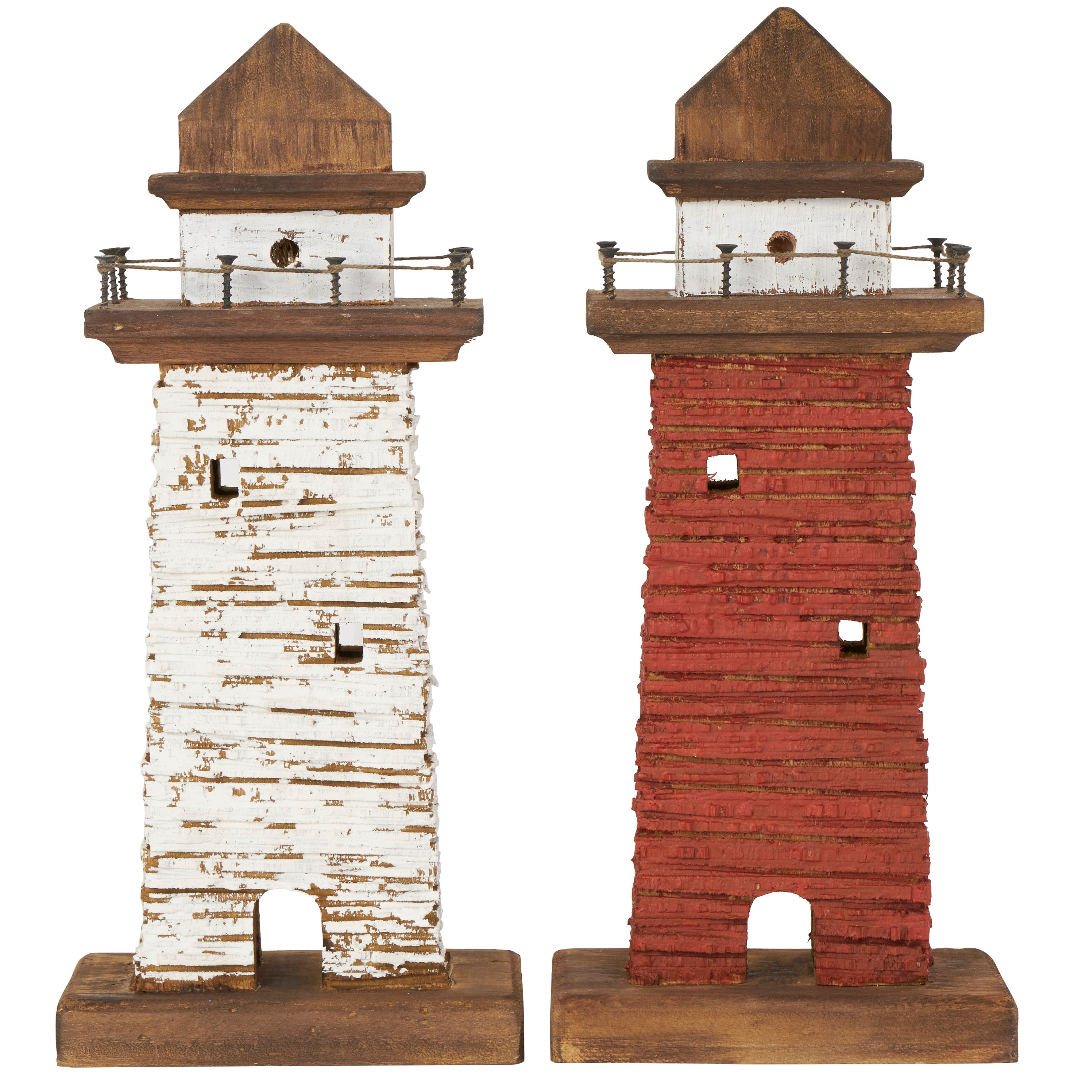 Red Wood Distressed Light House Decorative Sculpture with Cream and Brown Accents (Set of 2)