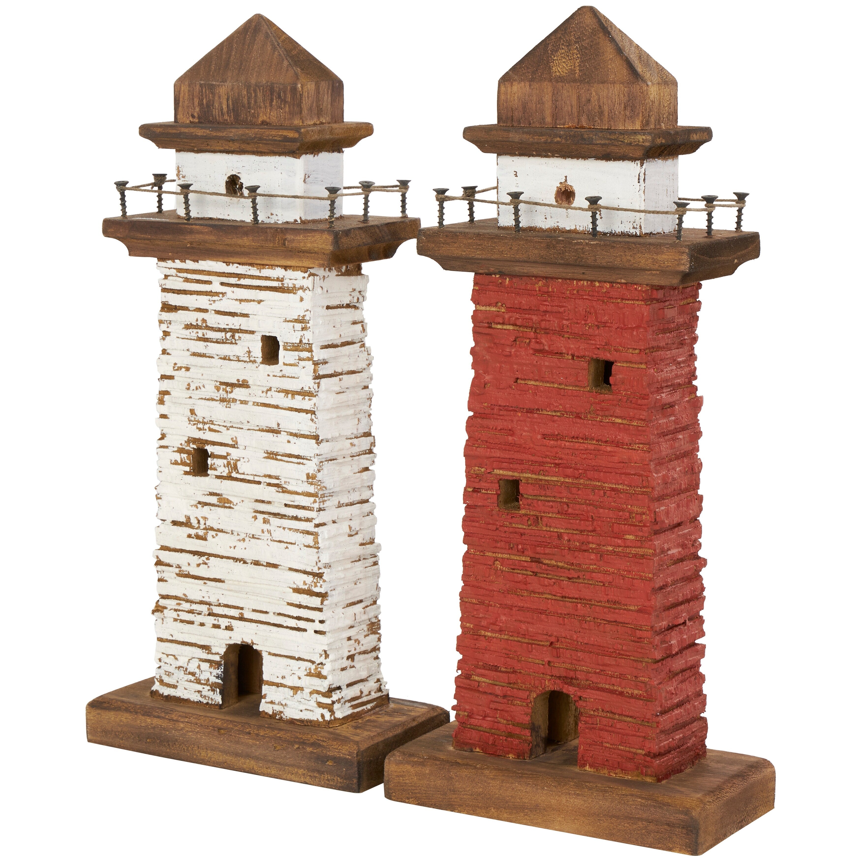 Red Wood Distressed Light House Decorative Sculpture with Cream and Brown Accents (Set of 2)