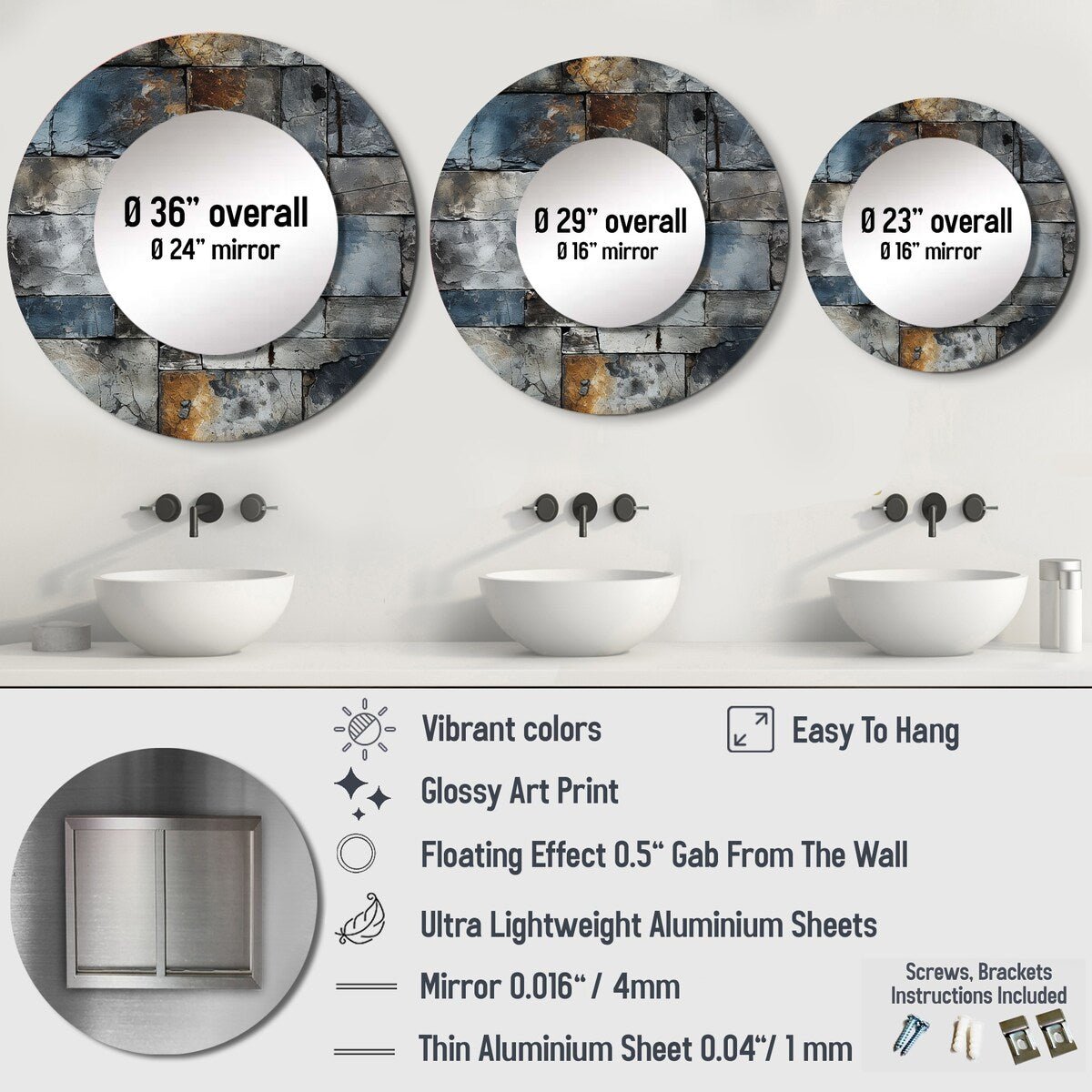 Designart Industrial Concrete Wall Illusion Graphic Print Round Bathroom Mirror - Grey Modern Round Wall Décor