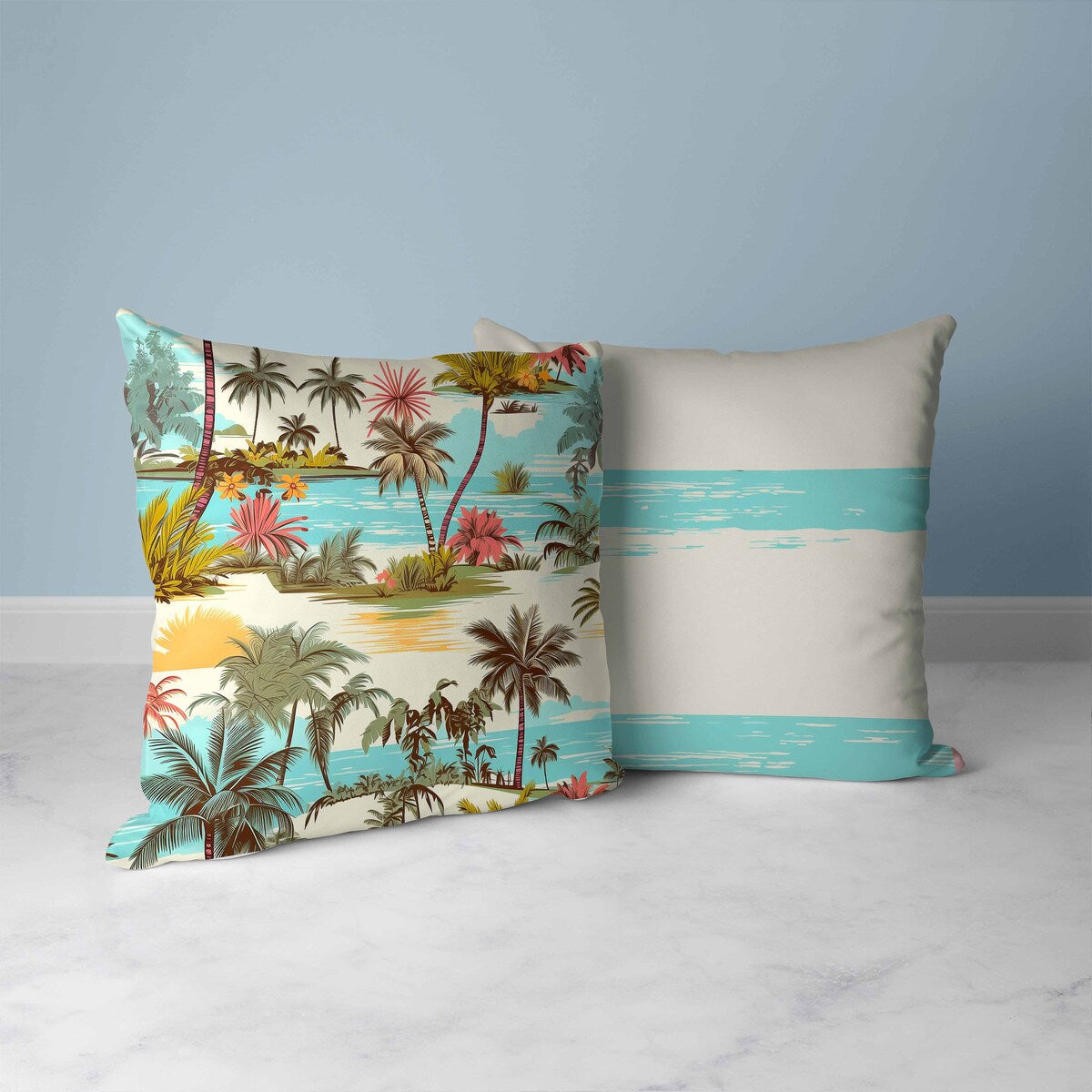 Blue And Pink Tropical Beach Indoor/Outdoor Throw Pillow Zipper