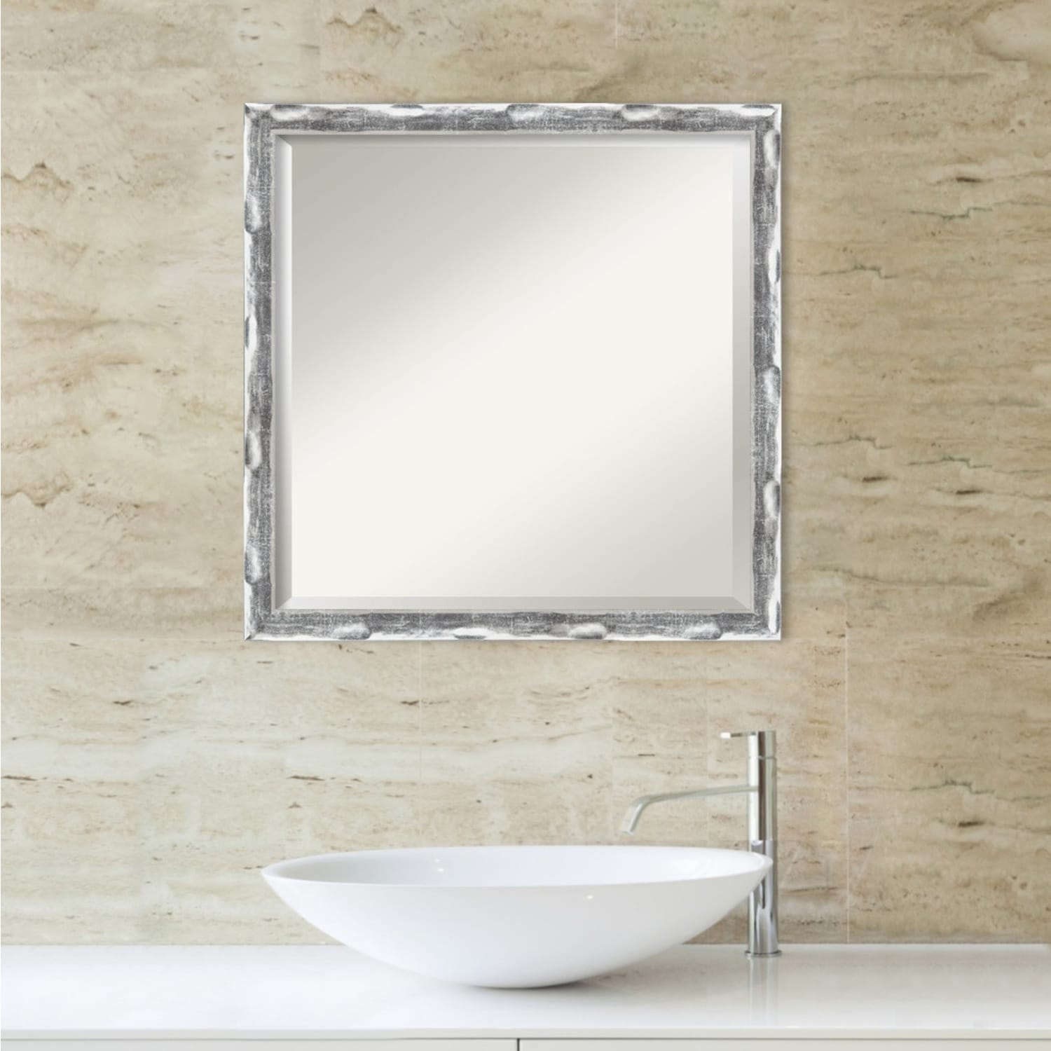 Beveled Bathroom Wall Mirror - Scratched Wave Chrome Frame - Scratched Wave Chrome