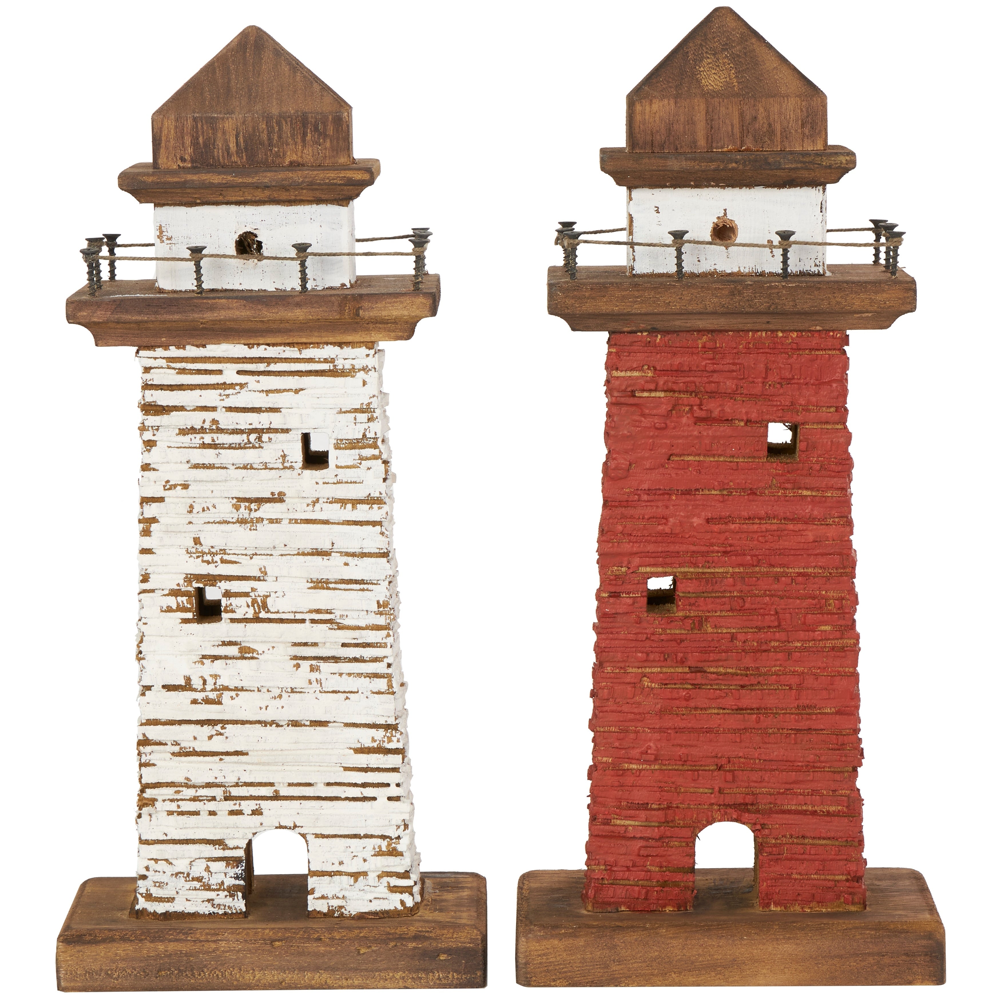 Red Wood Distressed Light House Decorative Sculpture with Cream and Brown Accents (Set of 2)