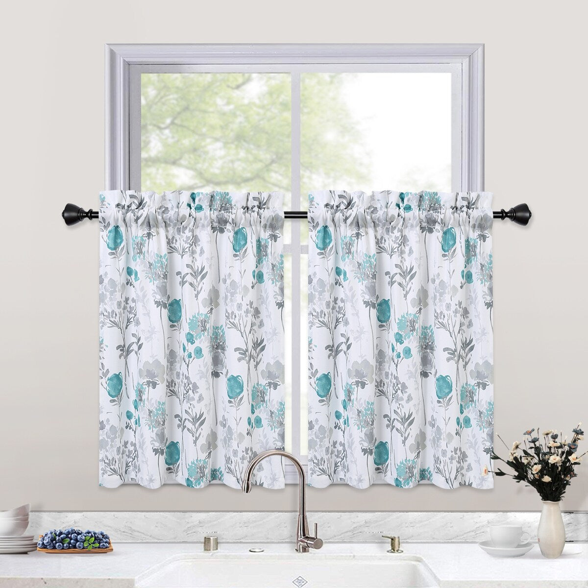 Watercolor Floral Cafe Kitchen Tier Curtains or Valances