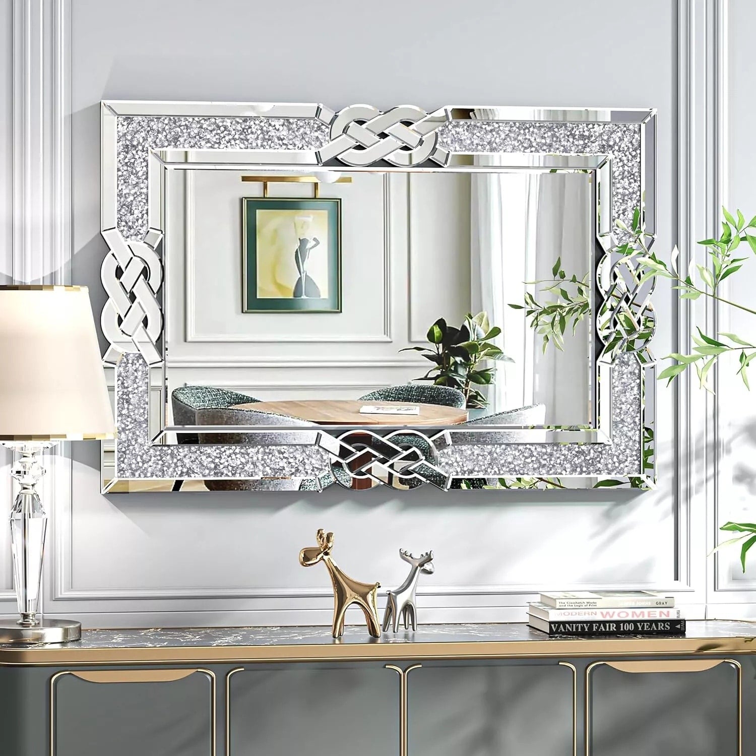 Large Interlocking Mirrored Wall Mirror with Crystal Beads Rectangle