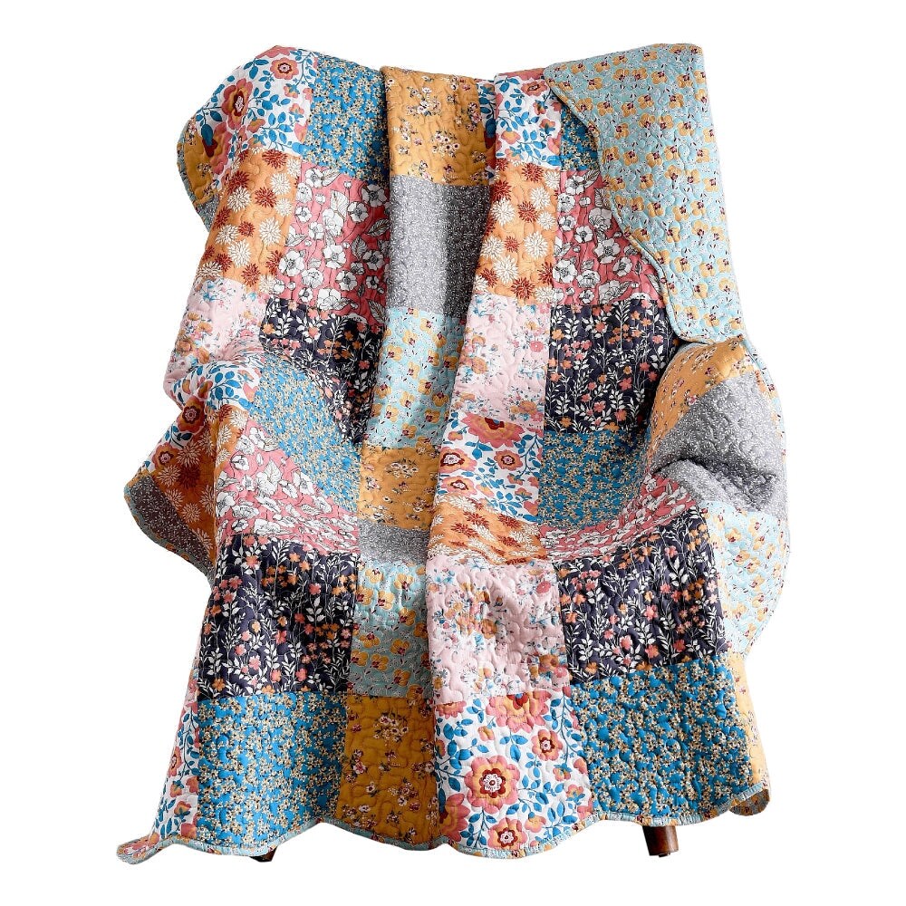 Turin 60 Inch Throw Blanket, Microfiber, Patchwork Floral Print, Multicolor