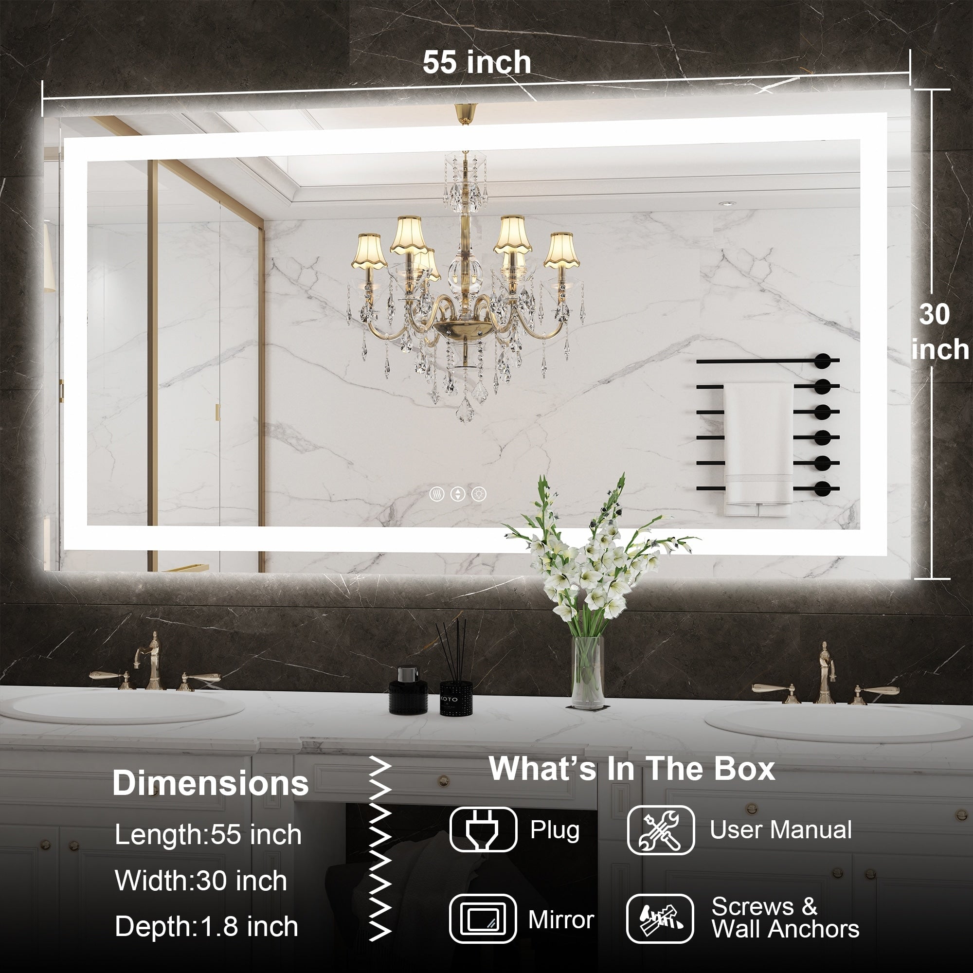 Large Rectangular Frameless Anti-Fog LED Light Wall Mounted Bathroom Vanity Mirror in White - N/A