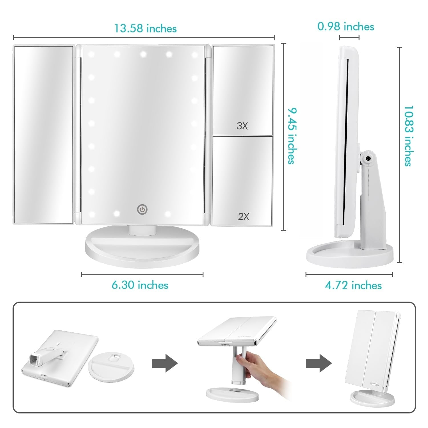 Tabletop Mount Trifold Lighted Vanity Mirror with 21 LED Lights,Two Power Supply Mode Make up Mirror