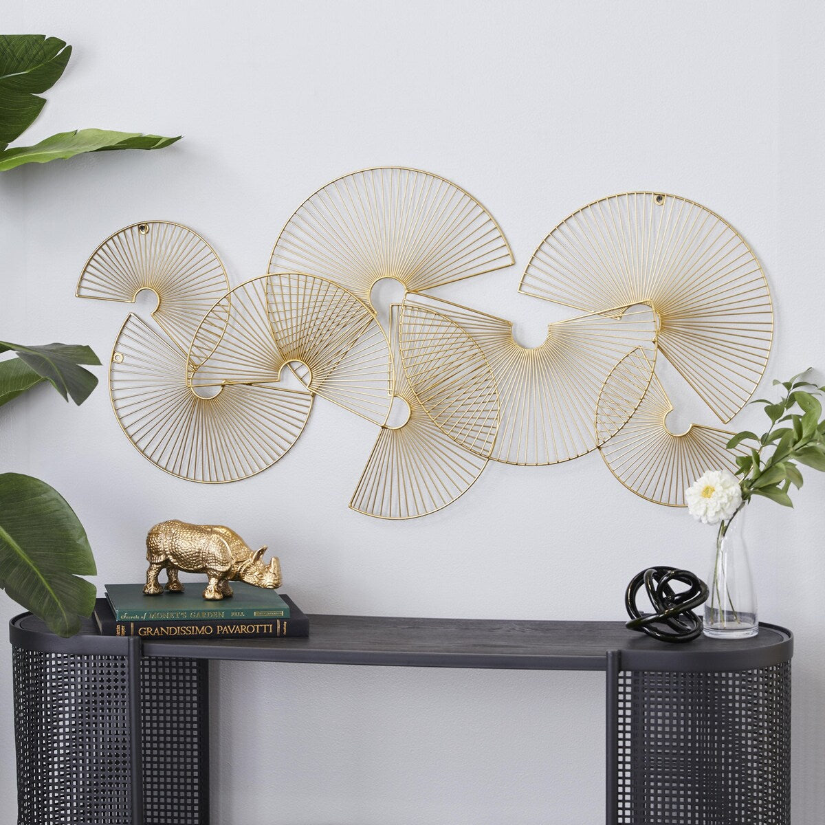 Metal Sunburst Half Moon Overlapping Wire Fan Home Wall Decor - Gold - CosmoLiving by Cosmopolitan