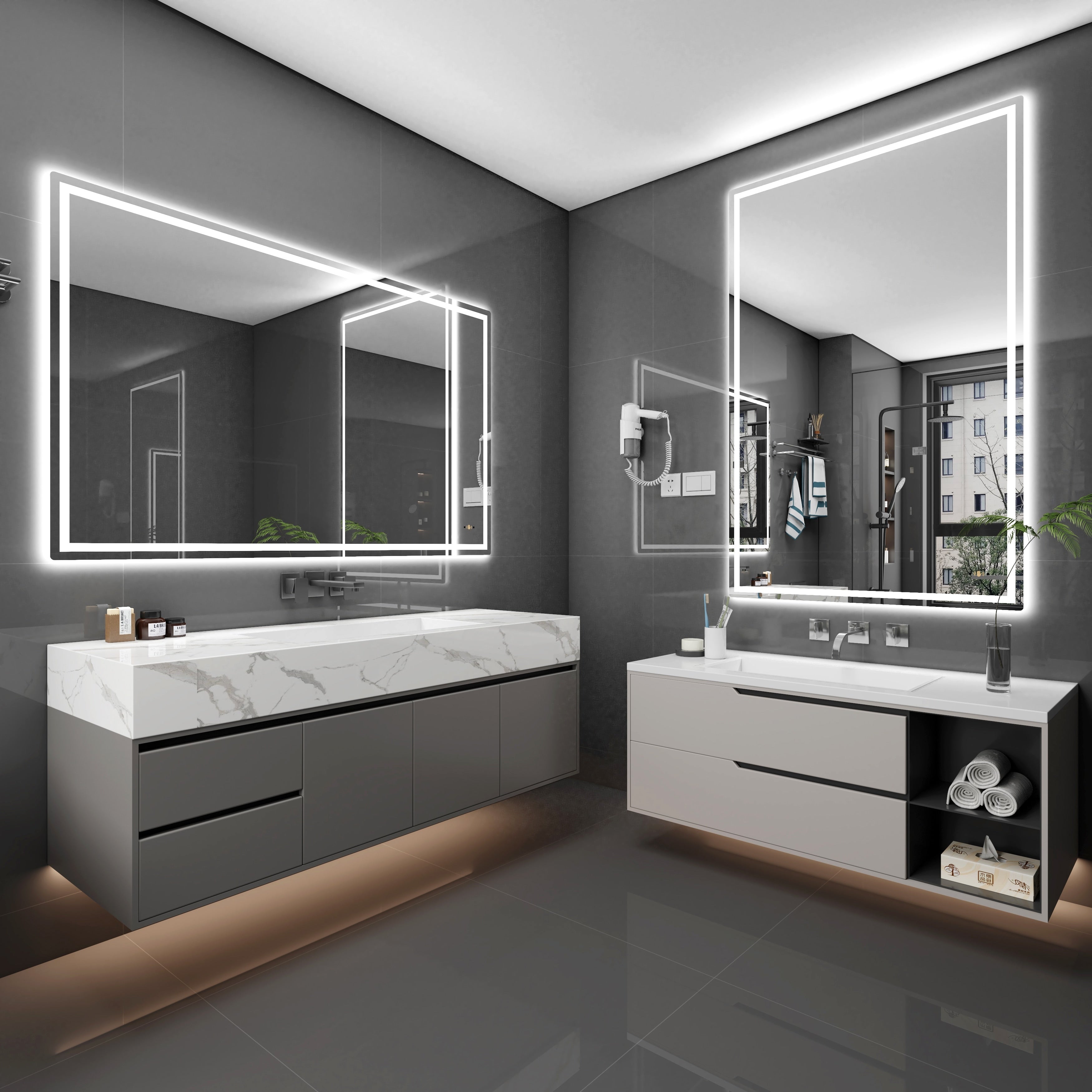 CB HOME Lighted Bathroom Vanity Mirror, LED Wall Mounted Mirror, Gesture Control Smart Lighted Mirror, Dimmable, Frameless