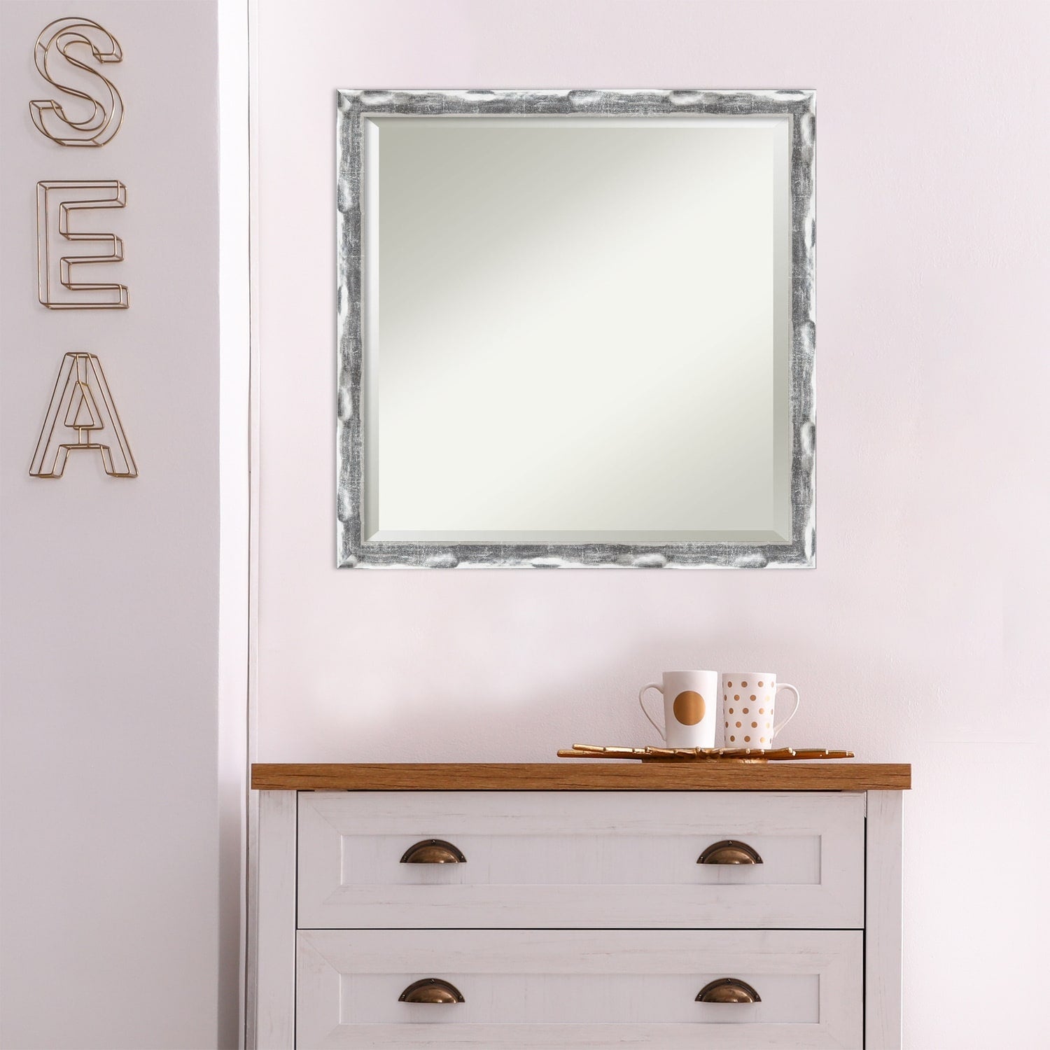 Beveled Bathroom Wall Mirror - Scratched Wave Chrome Frame - Scratched Wave Chrome