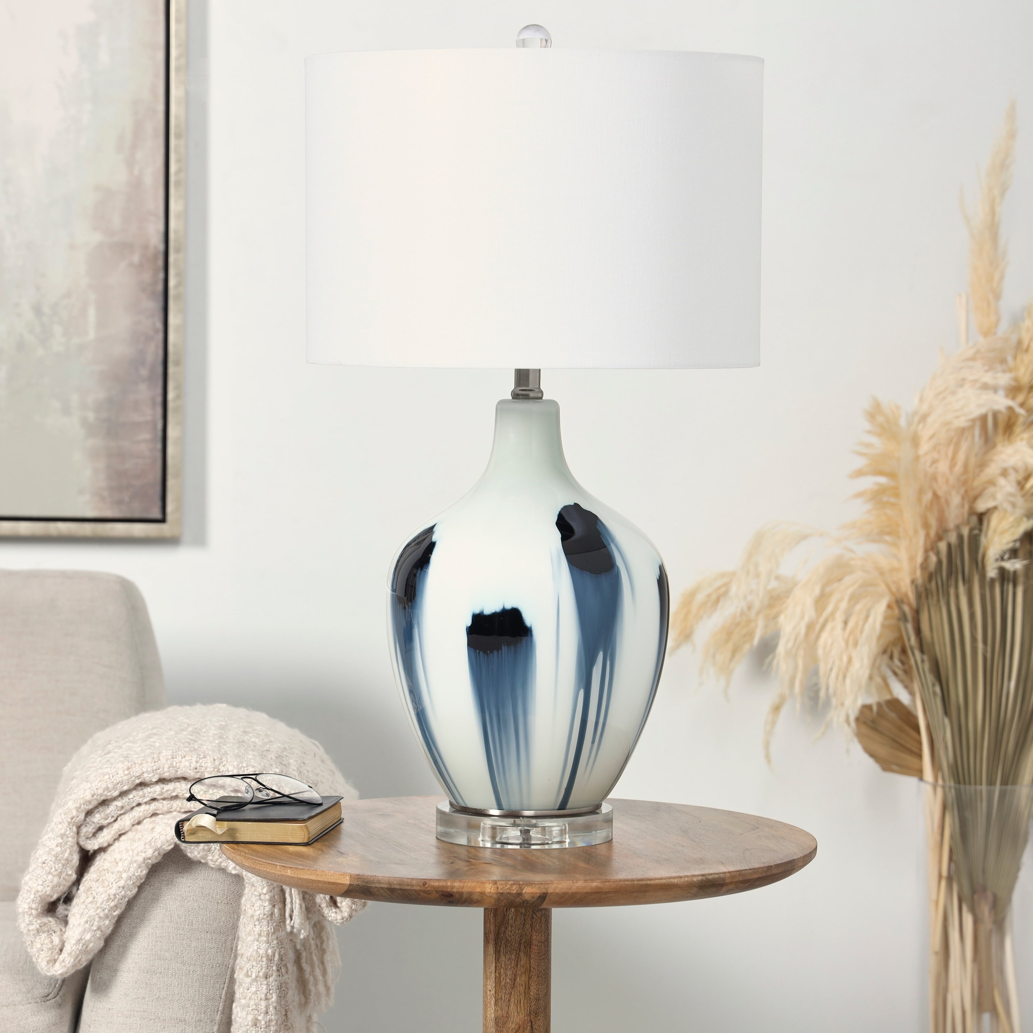 White Glass Abstract Accent Lamp with Blue Drip Splatter Design