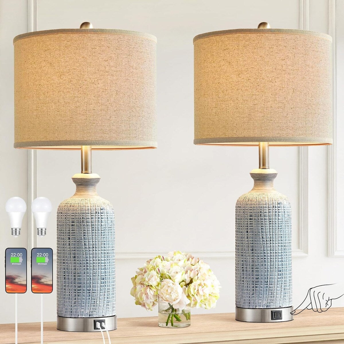 Farmhouse Table Lamps Set of 2, 3 Way Dimmable