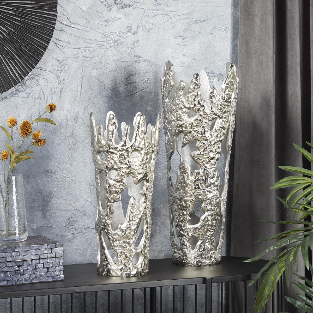 Aluminum Metal Decorative Vase with Cut Out Designs - Set of 2 Gold, Black, Silver - Roche River Decor