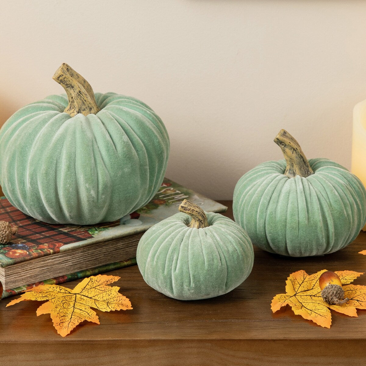 Glitzhome Set of 3 Mint Green Velvet/Resin Fall Harvest Art Pumpkins for Thanksgiving Centerpiece